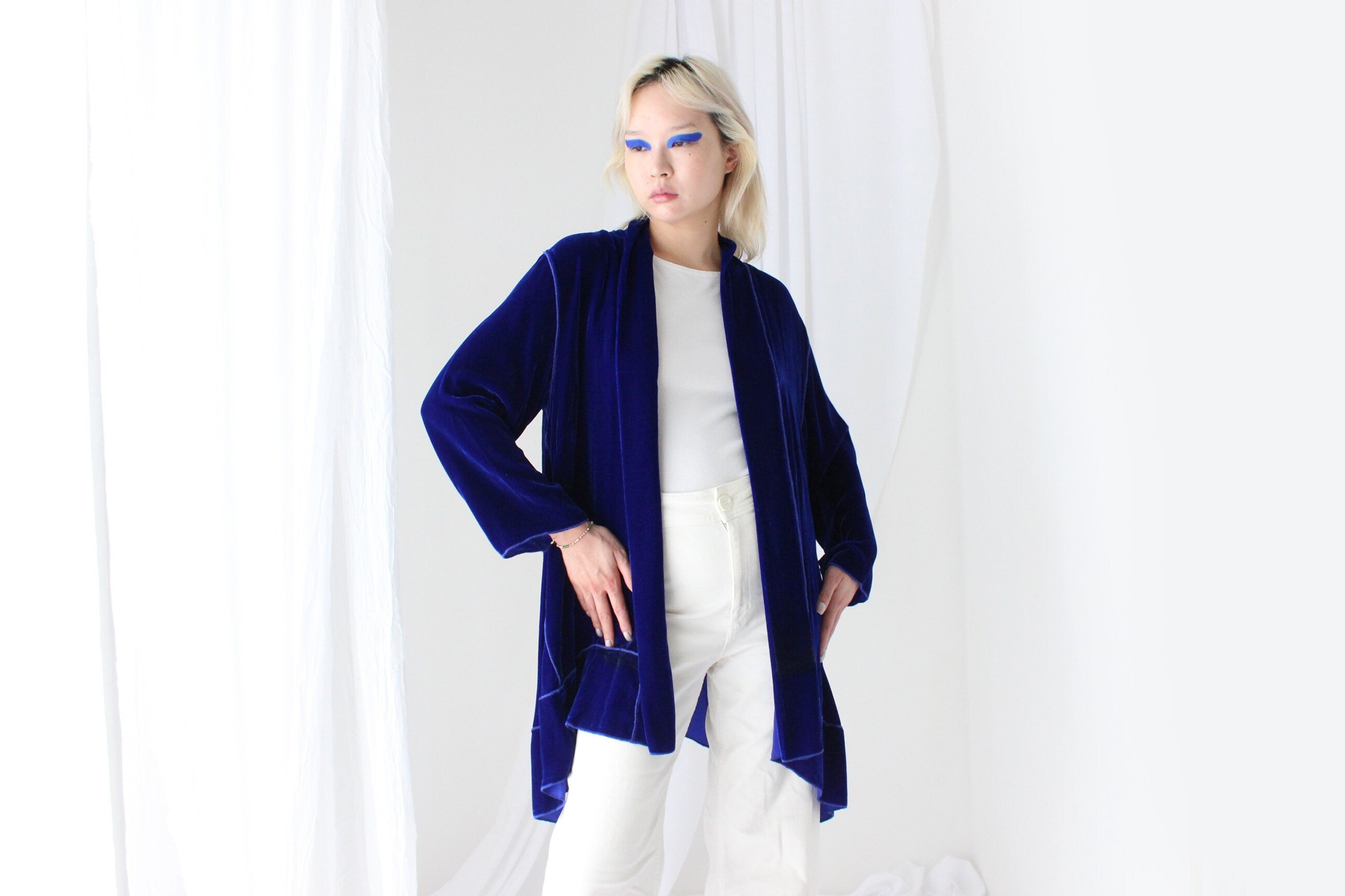 Luxury 90s PURE SILK VELVET Cobalt Kimono Robe Jacket