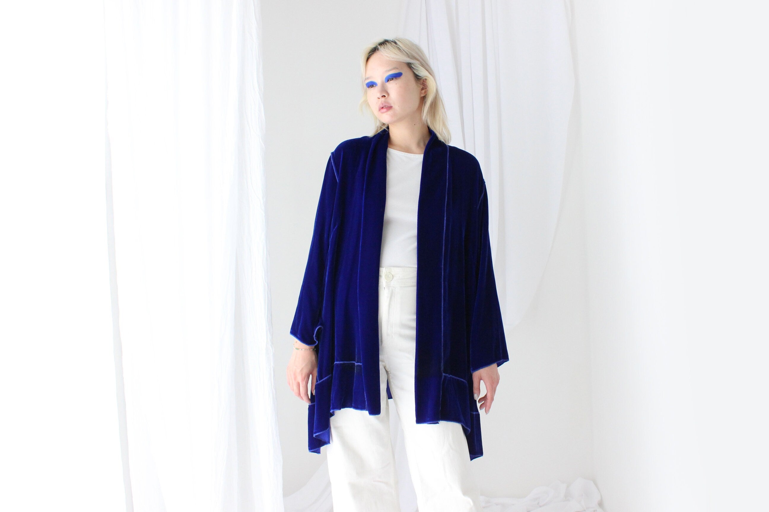 Luxury 90s PURE SILK VELVET Cobalt Kimono Robe Jacket