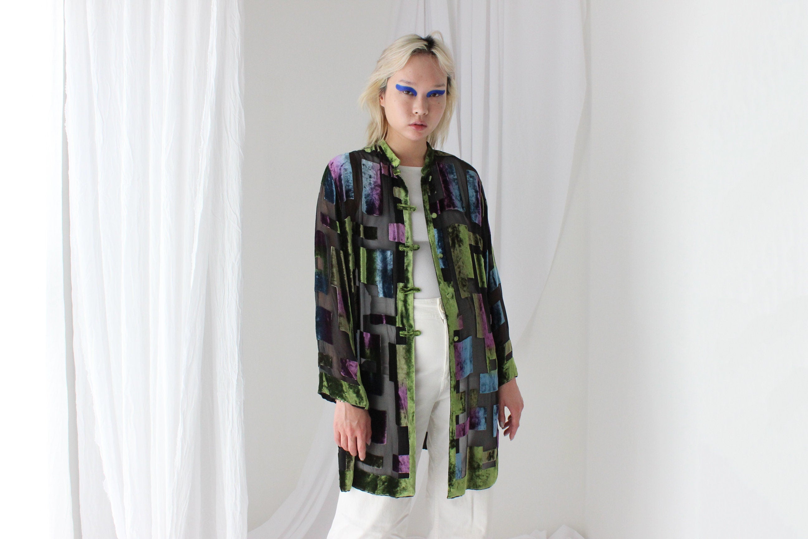 90s Luxury Silk Velvet Sheer Geometric Burnout Duster