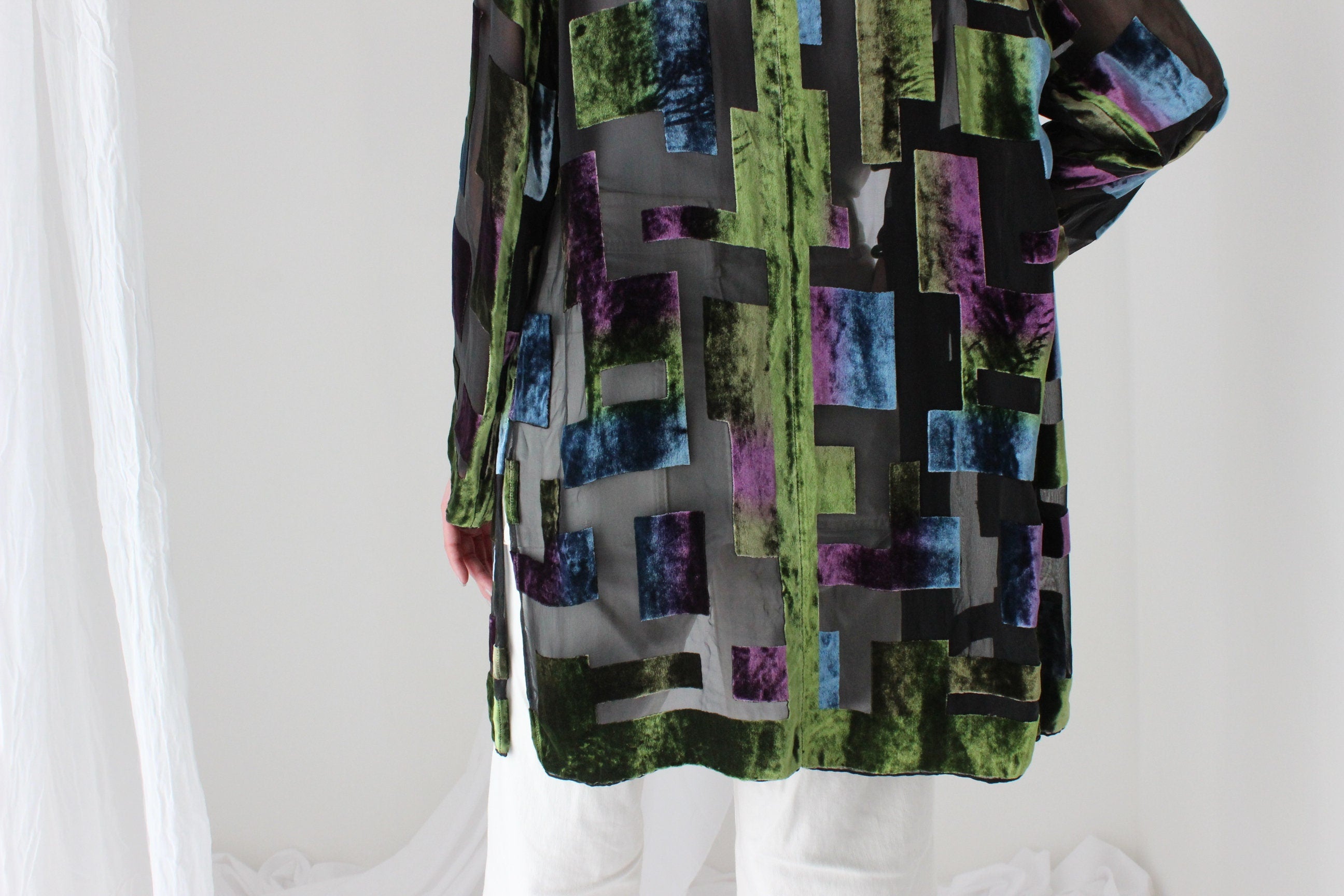 90s Luxury Silk Velvet Sheer Geometric Burnout Duster