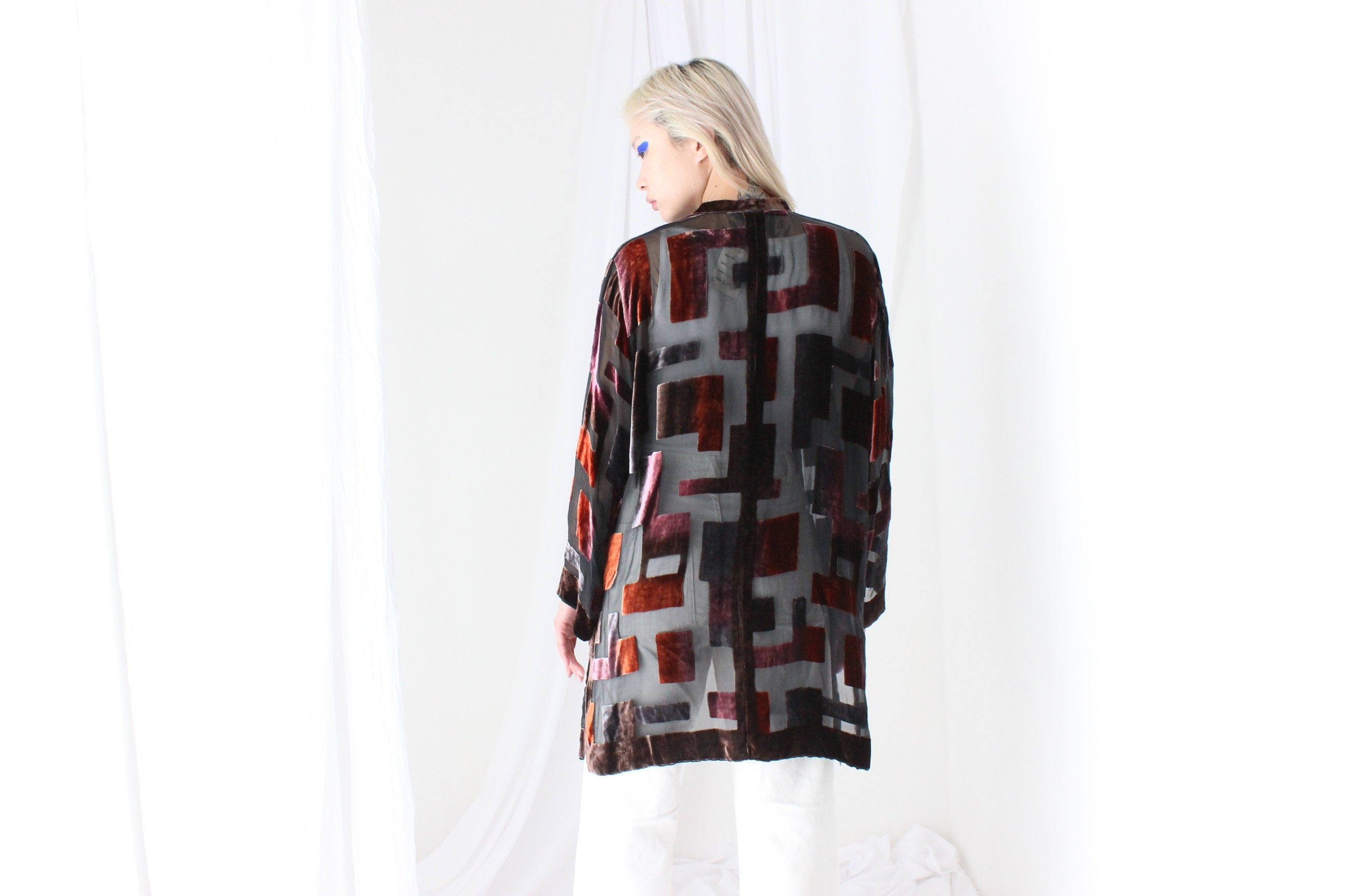 90s Luxury Silk Velvet Sheer Geometric Burnout Duster