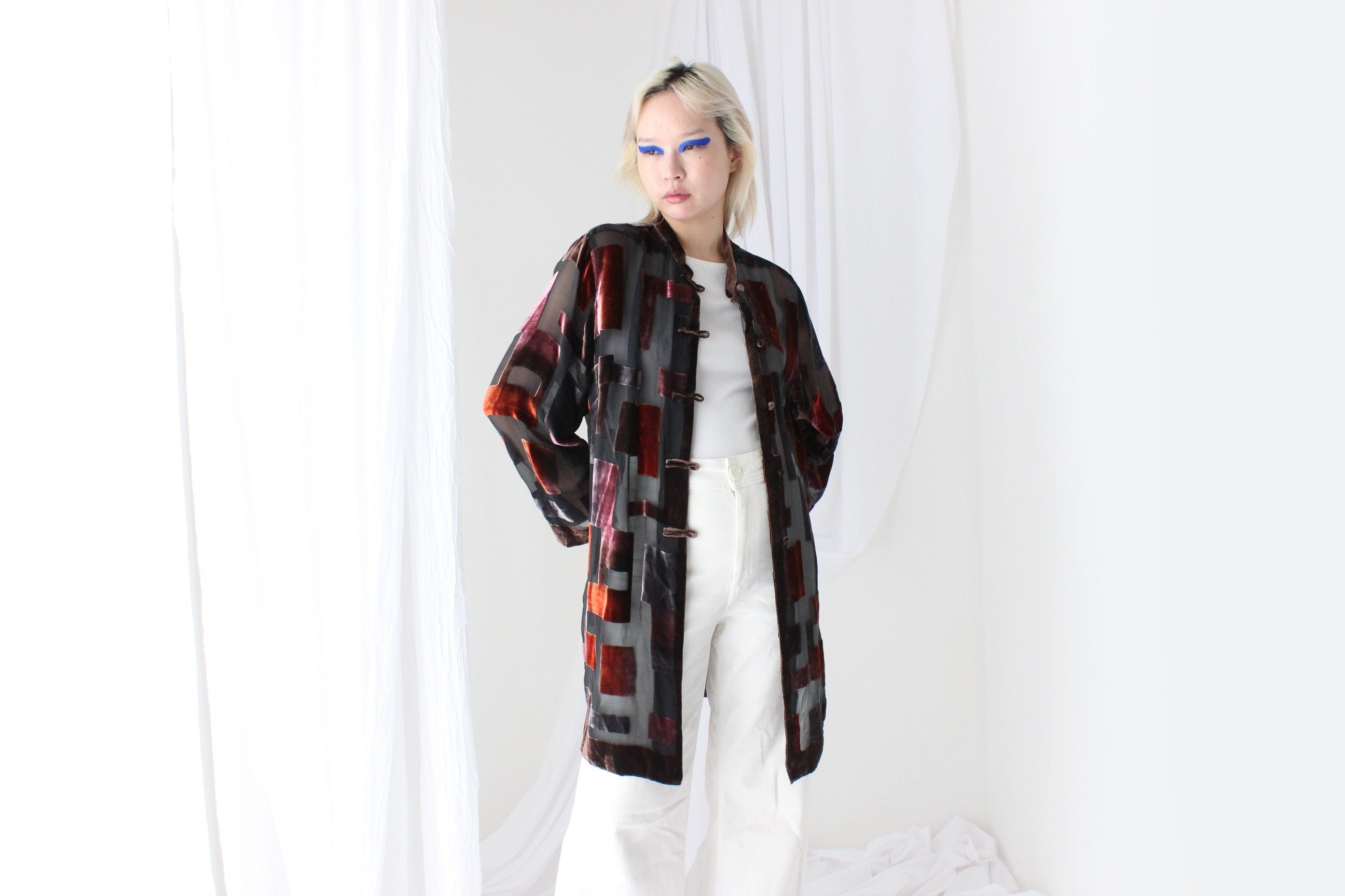90s Luxury Silk Velvet Sheer Geometric Burnout Duster