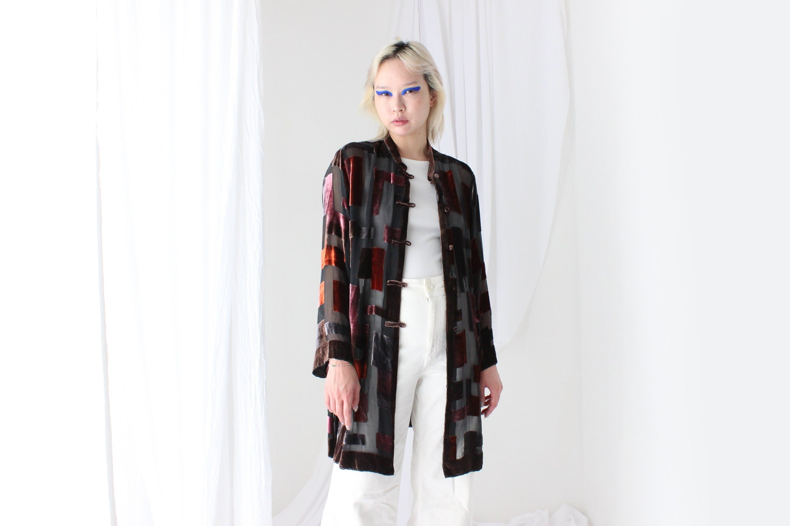 90s Luxury Silk Velvet Sheer Geometric Burnout Duster