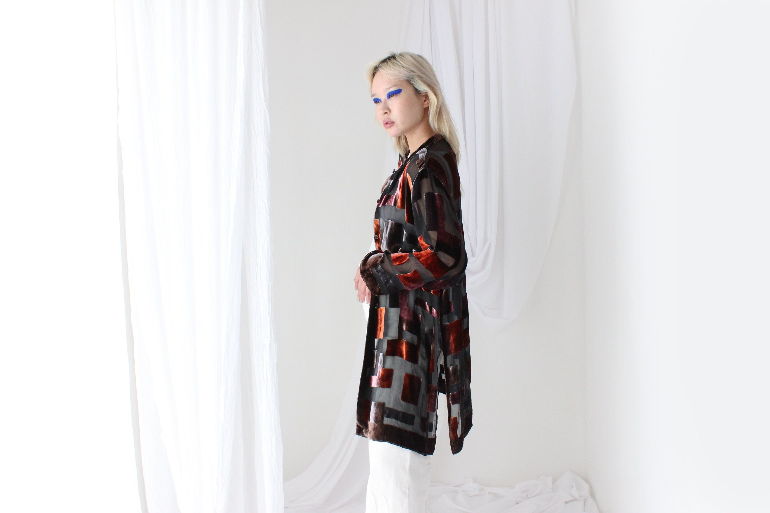 90s Luxury Silk Velvet Sheer Geometric Burnout Duster