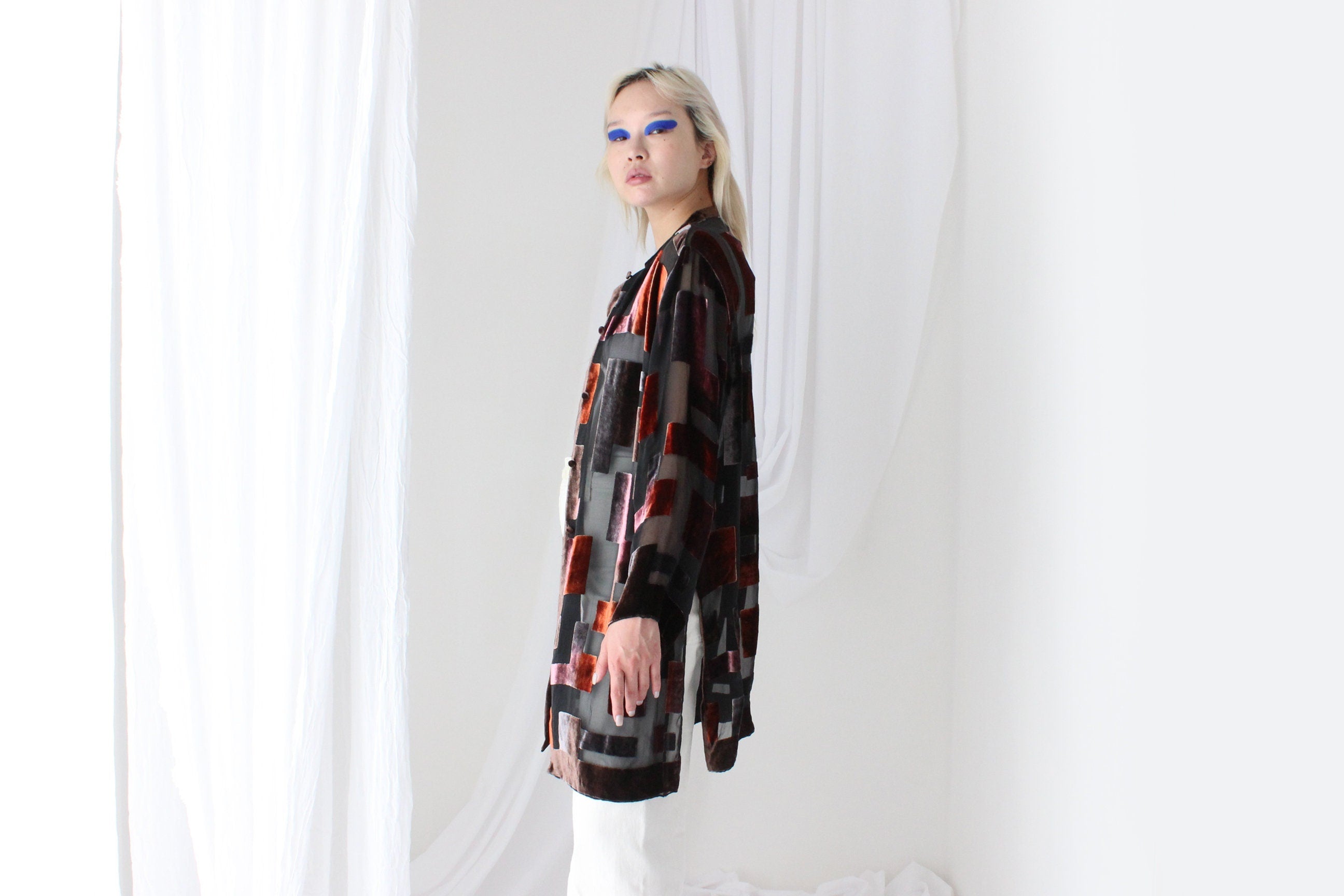 90s Luxury Silk Velvet Sheer Geometric Burnout Duster