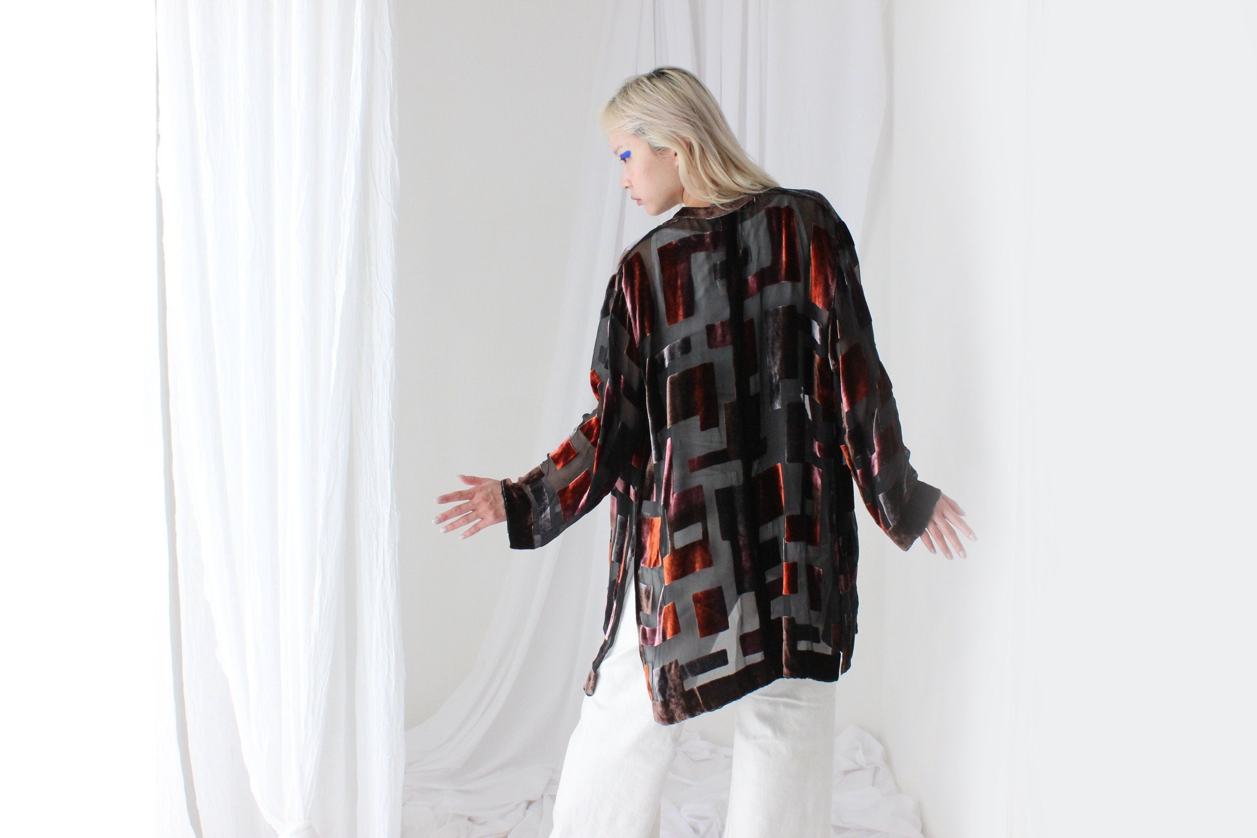 90s Luxury Silk Velvet Sheer Geometric Burnout Duster