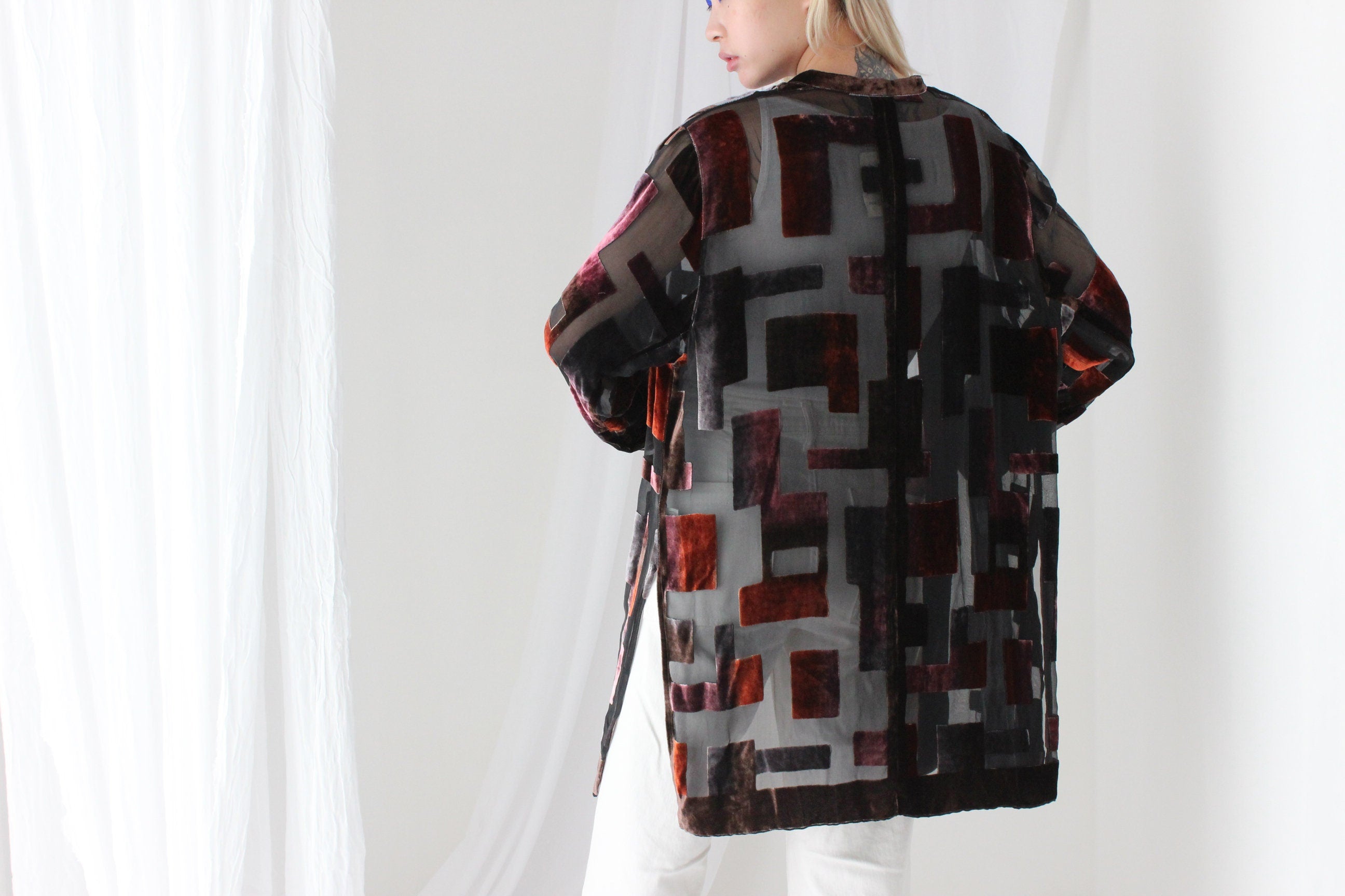 90s Luxury Silk Velvet Sheer Geometric Burnout Duster