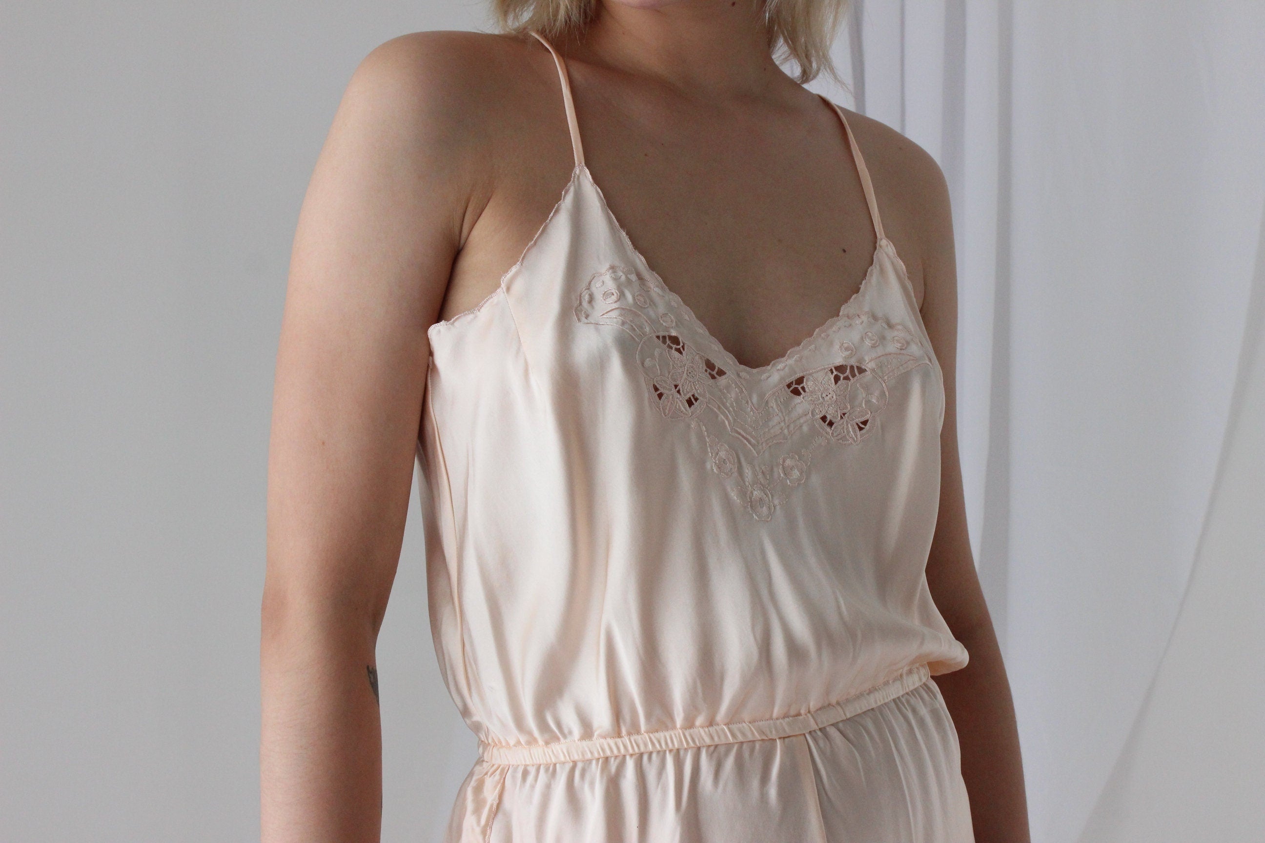 80s Blush Silk Embroidered Teddy Lingerie Pyjama Playsuit