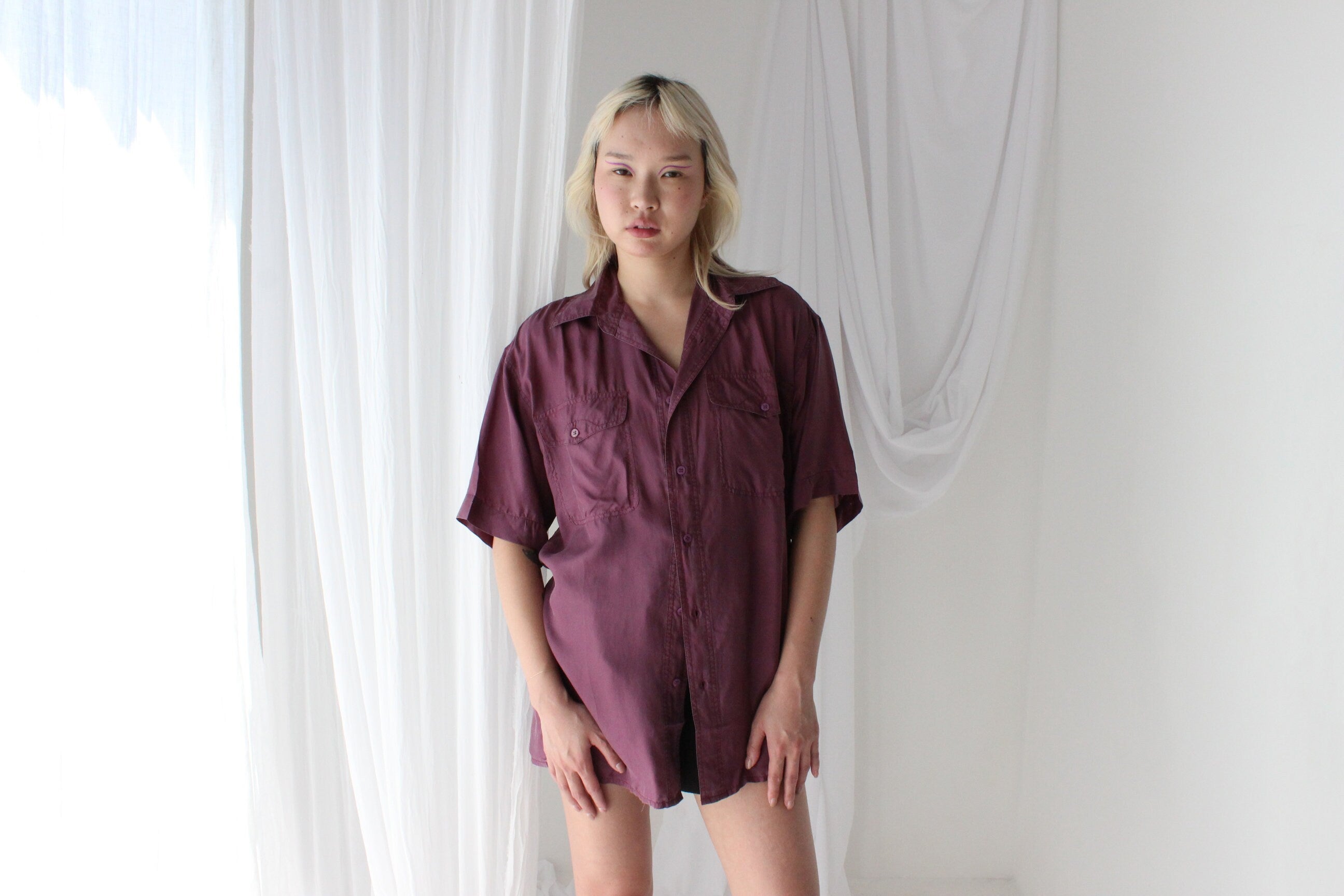 80s MATTE SILK Purple Boxy Double Pocket Shirt