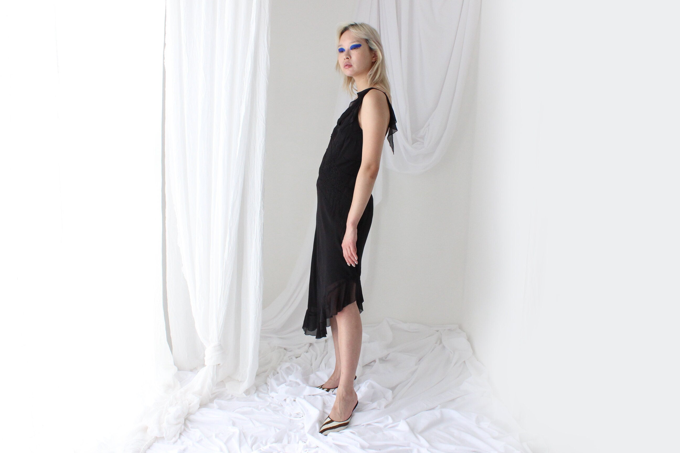 Y2K PURE SILK Black Beaded Chiffon Asymmetric Cocktail Dress