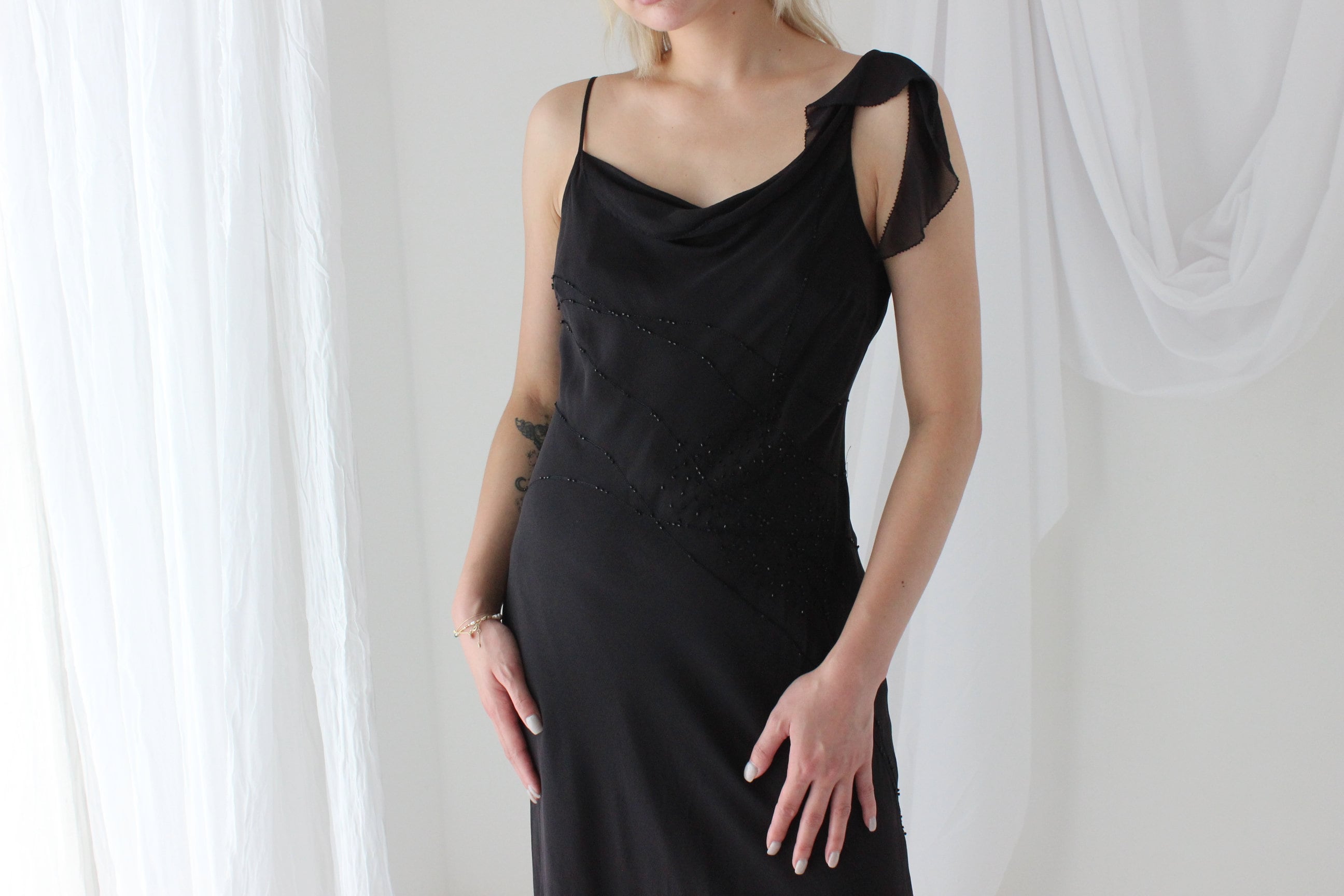 Y2K PURE SILK Black Beaded Chiffon Asymmetric Cocktail Dress