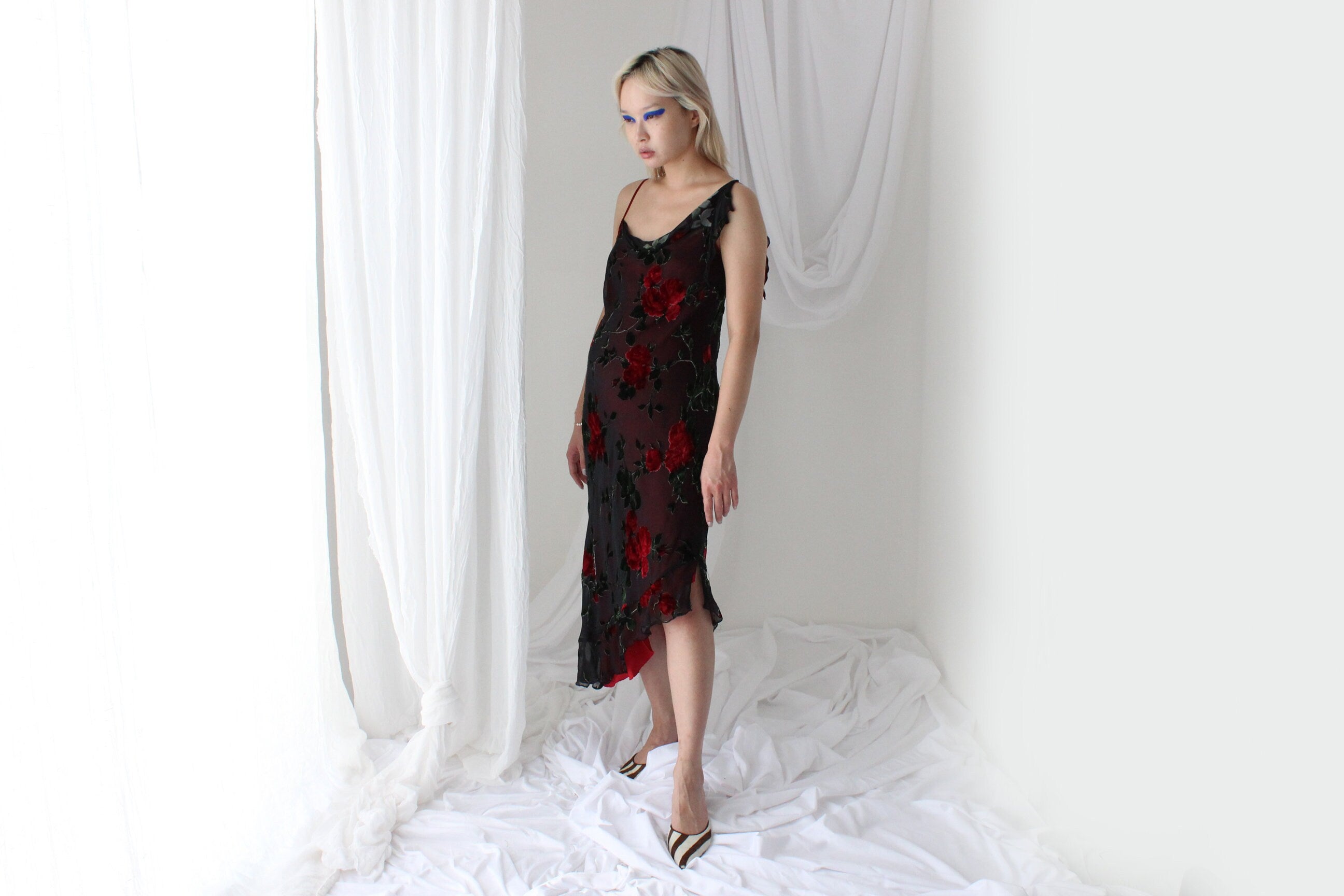 Y2K PURE SILK Rose Gothic Velvet Burnout Asymmetric Cocktail Dress