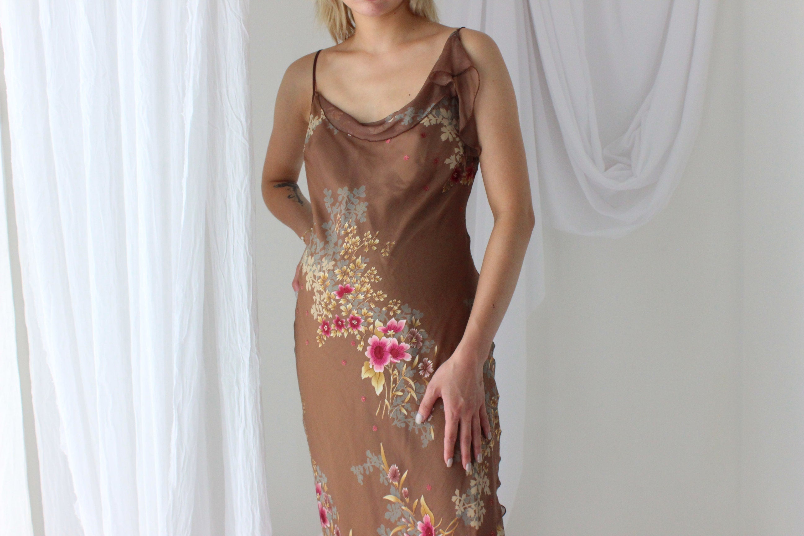 Y2K Caramel Silk Floral Asymmetric Carrie Dress
