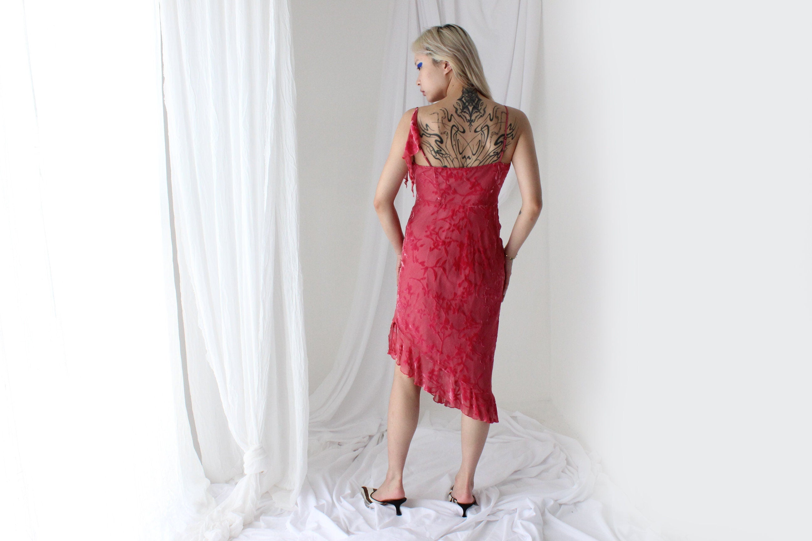 Y2K PURE SILK Velvet Burnout Asymmetric Ruffle Dress