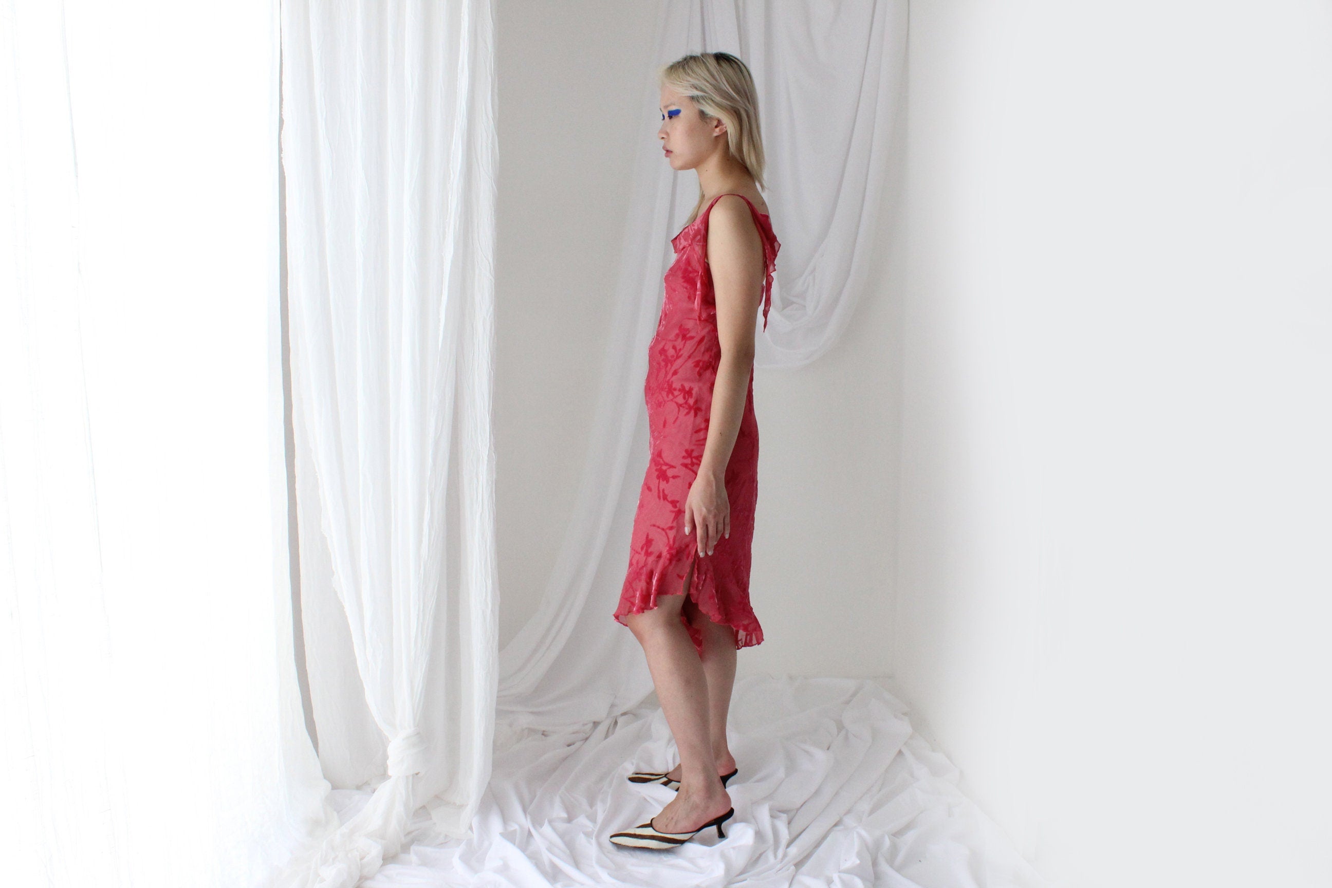 Y2K PURE SILK Velvet Burnout Asymmetric Ruffle Dress