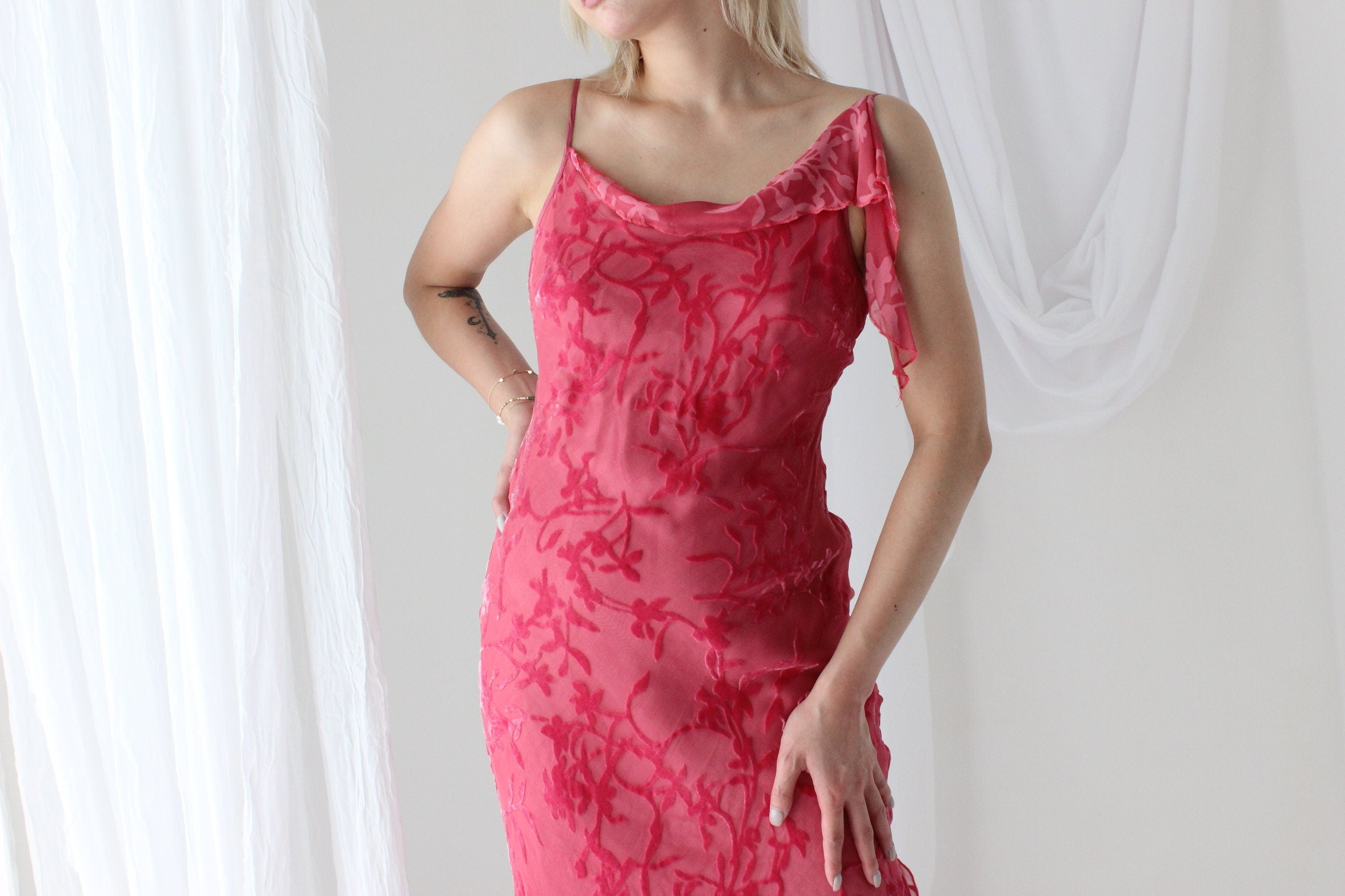 Y2K PURE SILK Velvet Burnout Asymmetric Ruffle Dress