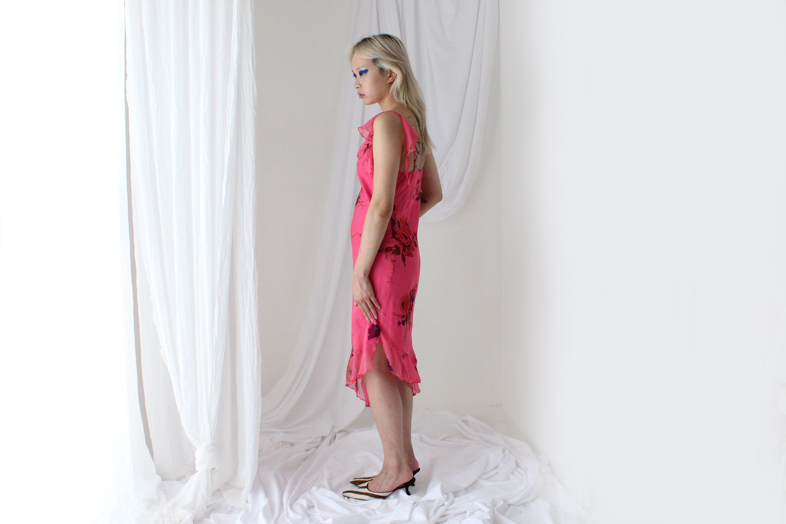 Spectacular Y2K PURE SILK Neon Pink Asymmetric Dress