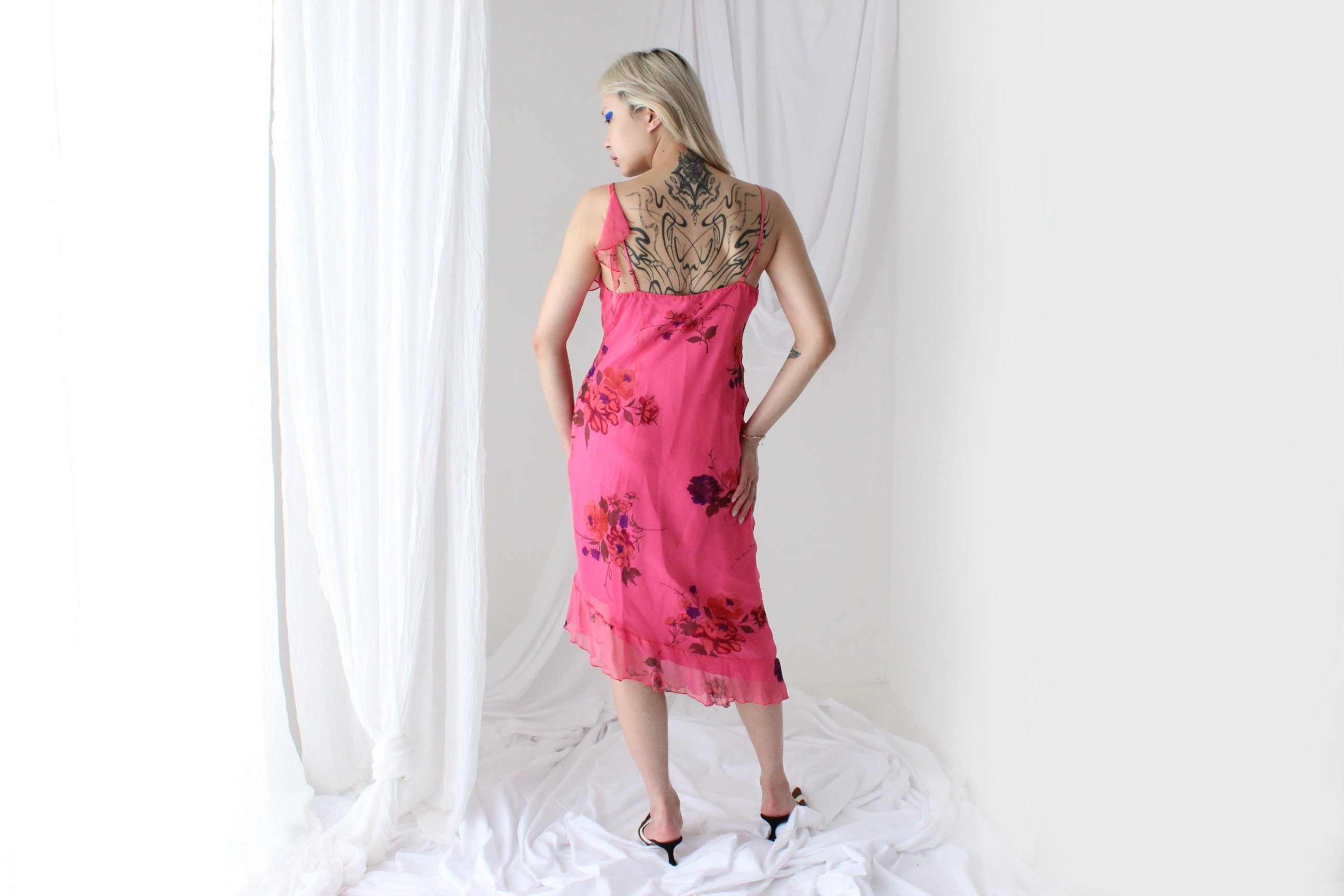 Spectacular Y2K PURE SILK Neon Pink Asymmetric Dress