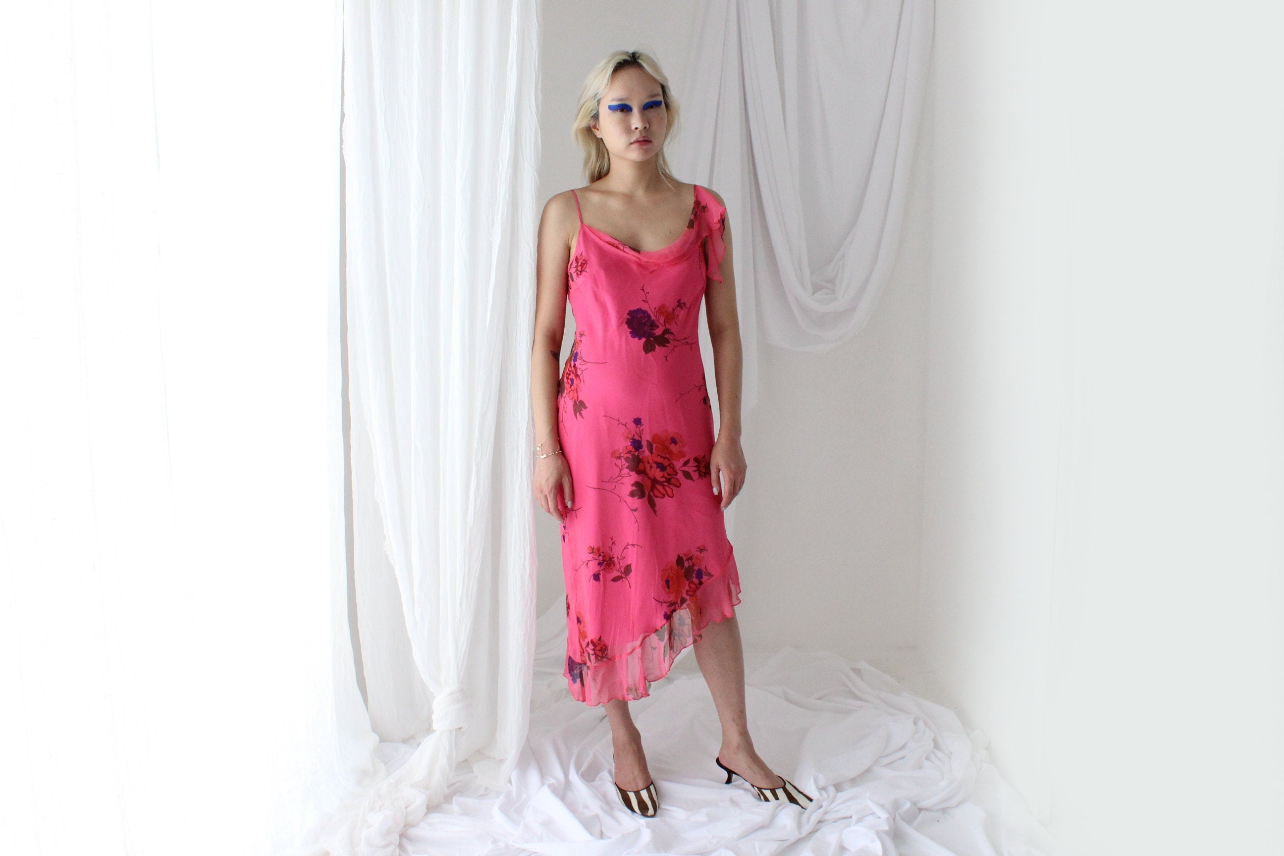Spectacular Y2K PURE SILK Neon Pink Asymmetric Dress