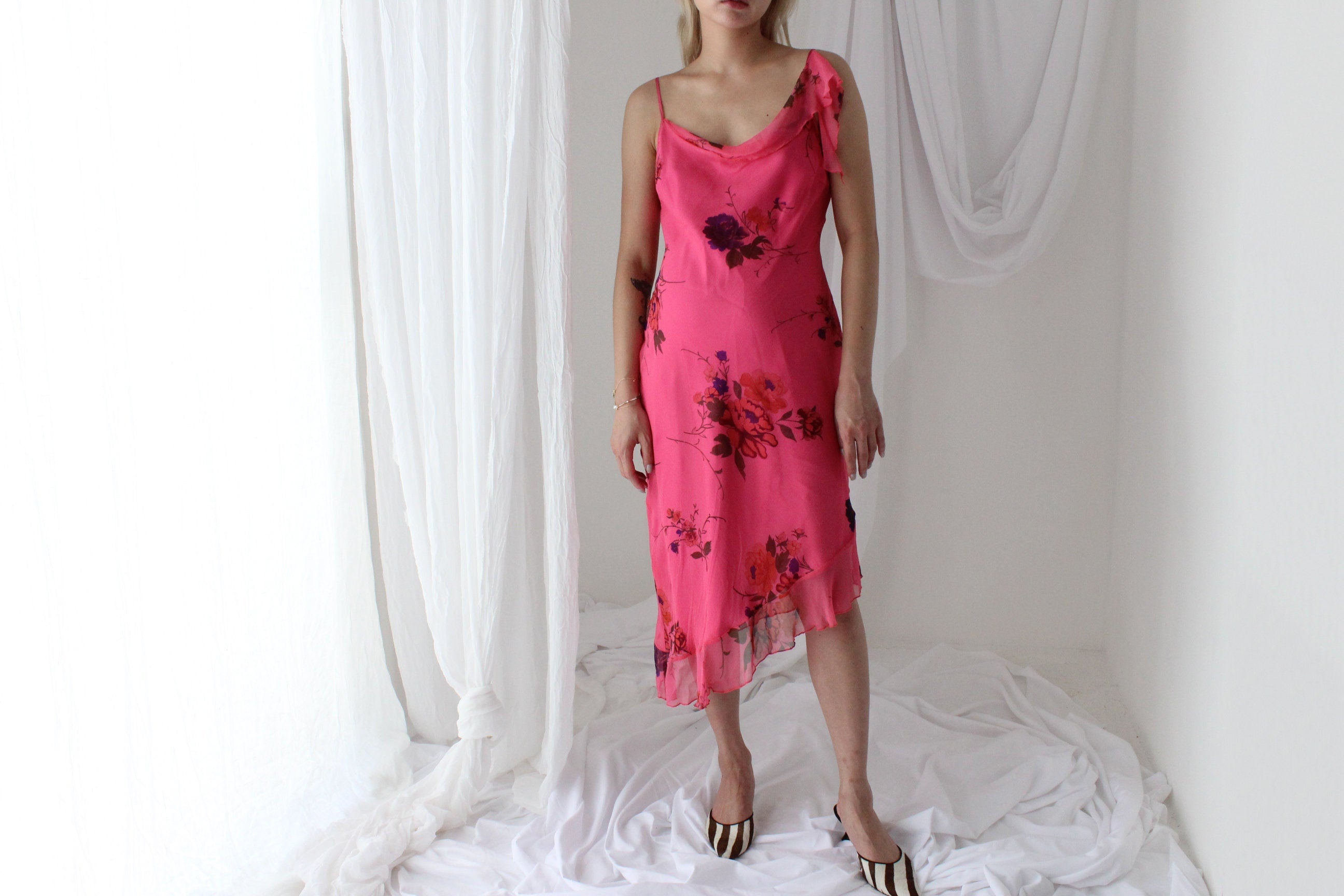 Spectacular Y2K PURE SILK Neon Pink Asymmetric Dress