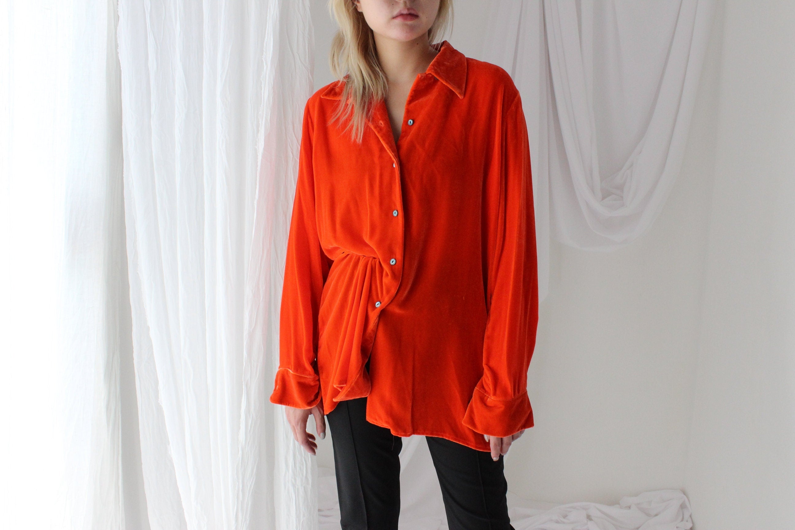 90s Acid Orange PURE SILK VELVET Shirt