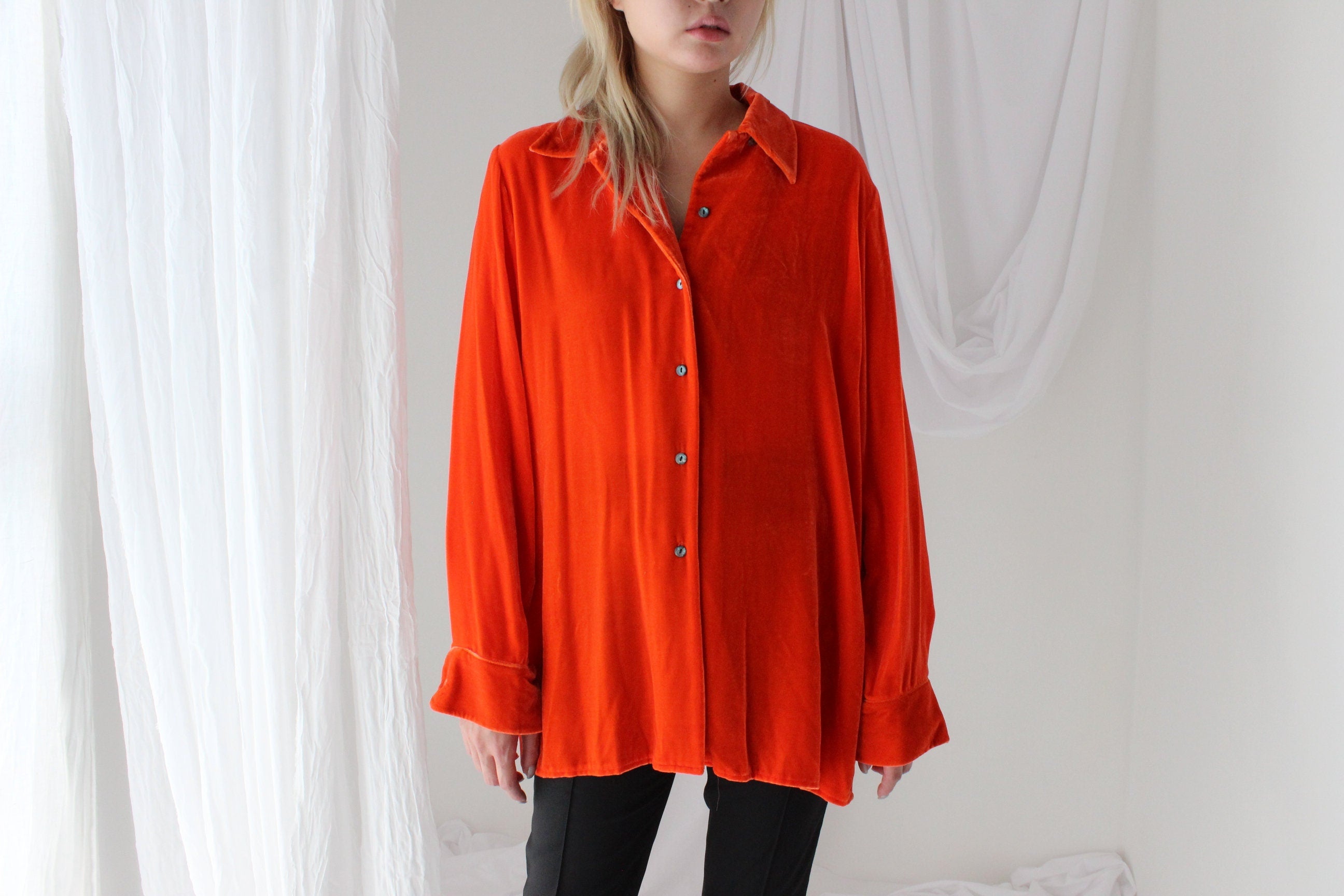 90s Acid Orange PURE SILK VELVET Shirt