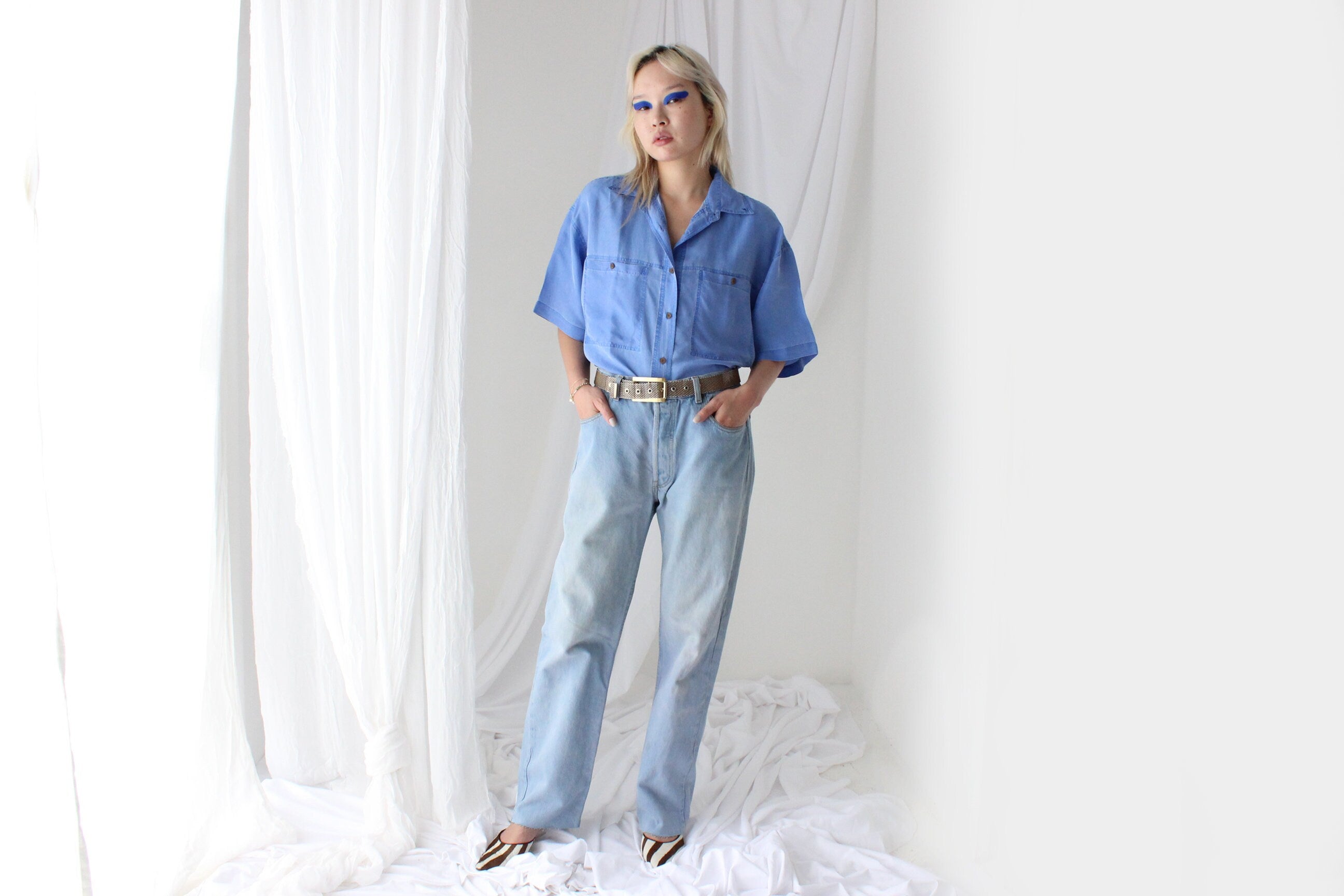 80s PURE SILK "Denim" Look Boxy Shirt