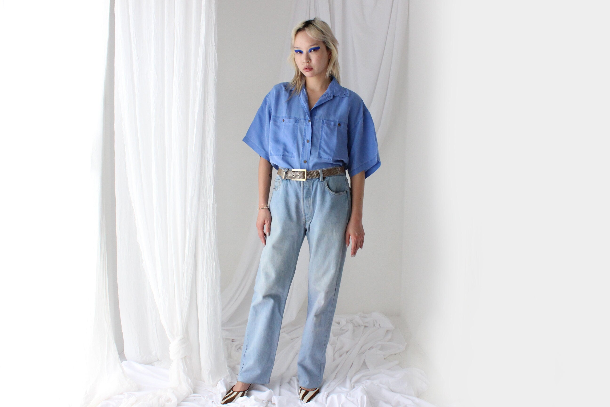 80s PURE SILK "Denim" Look Boxy Shirt