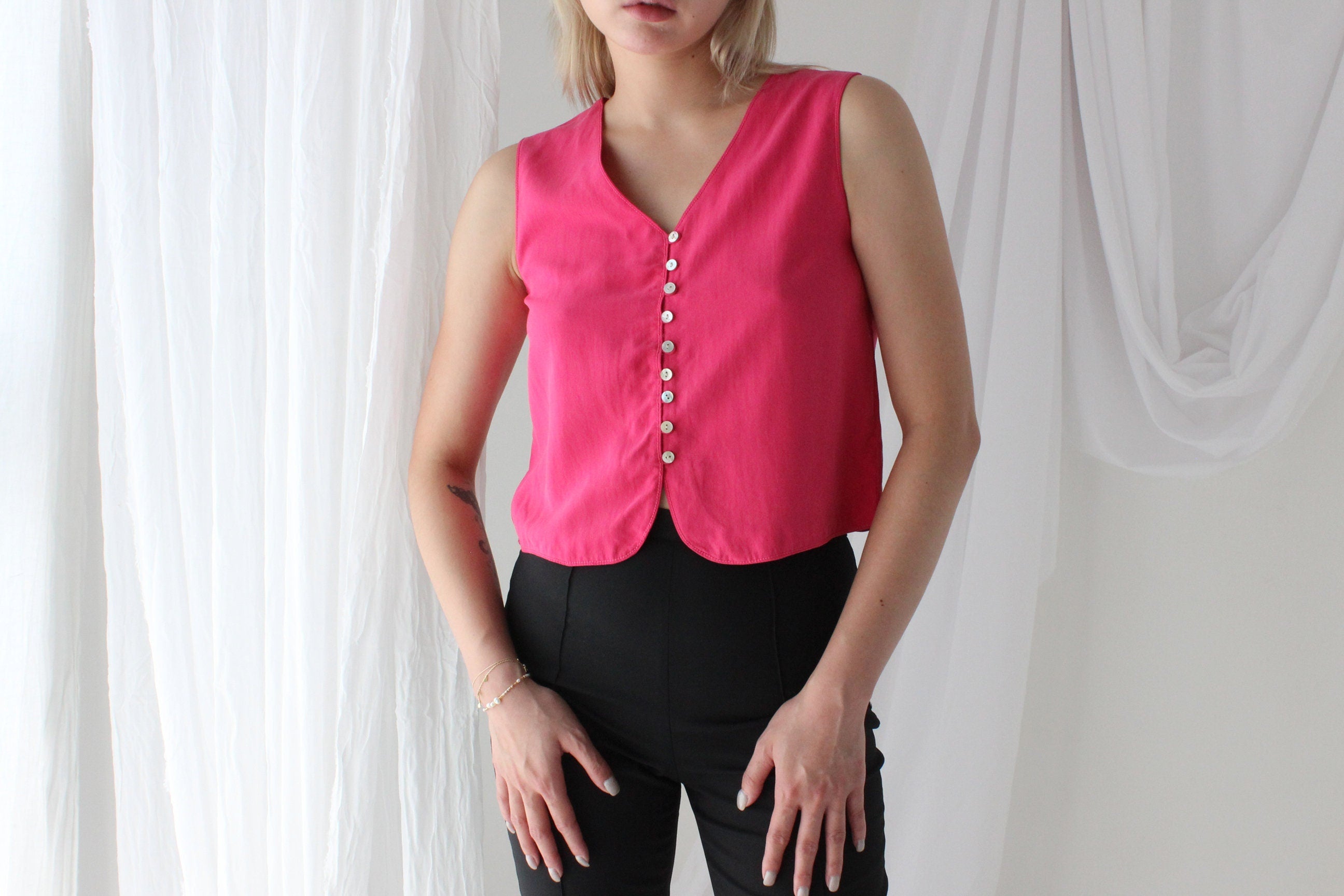 90s Bubblegum Silk Waistcoat Vest Crop Top