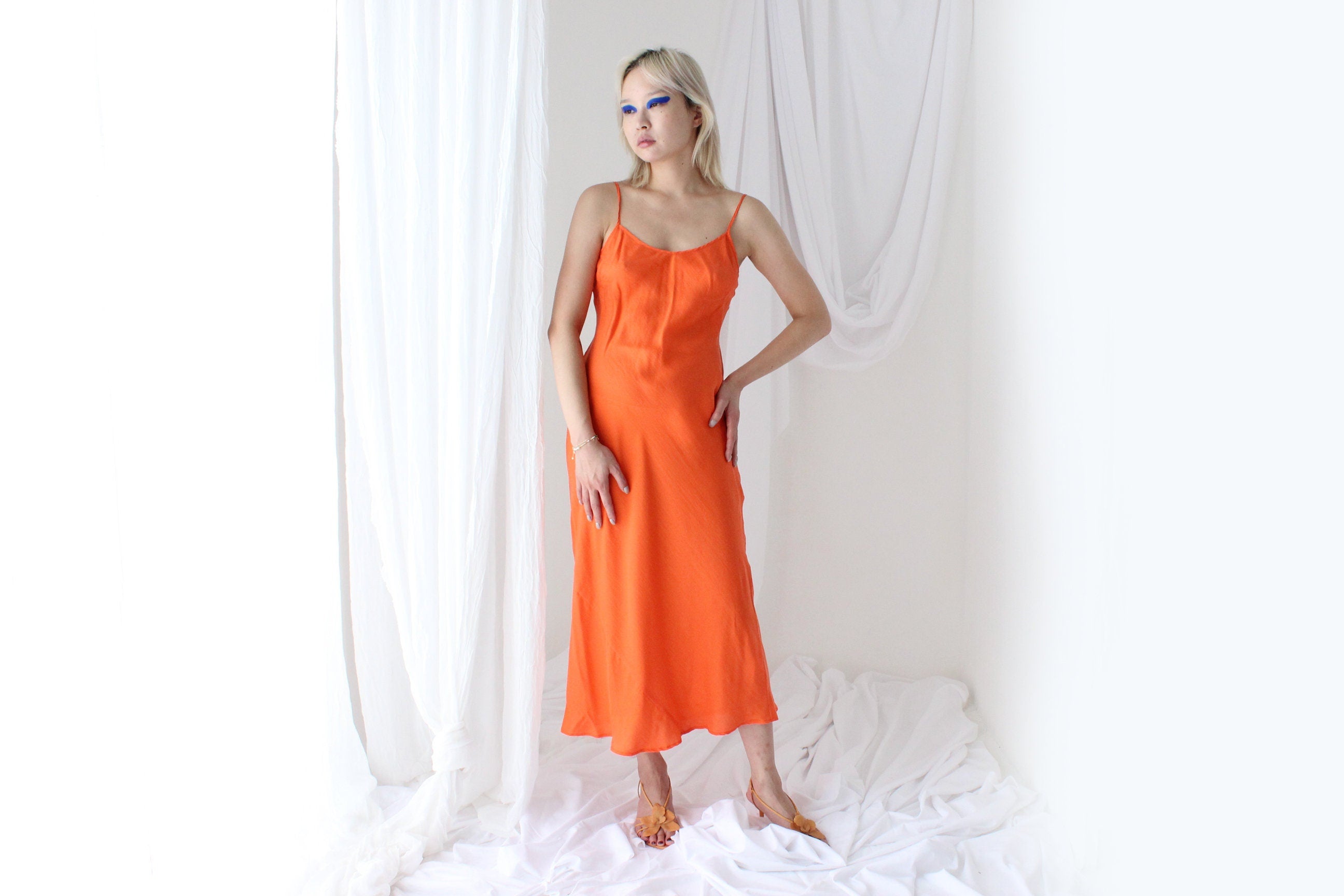 90s Pure Silk Bias Cut Slip Dress in Tangerine