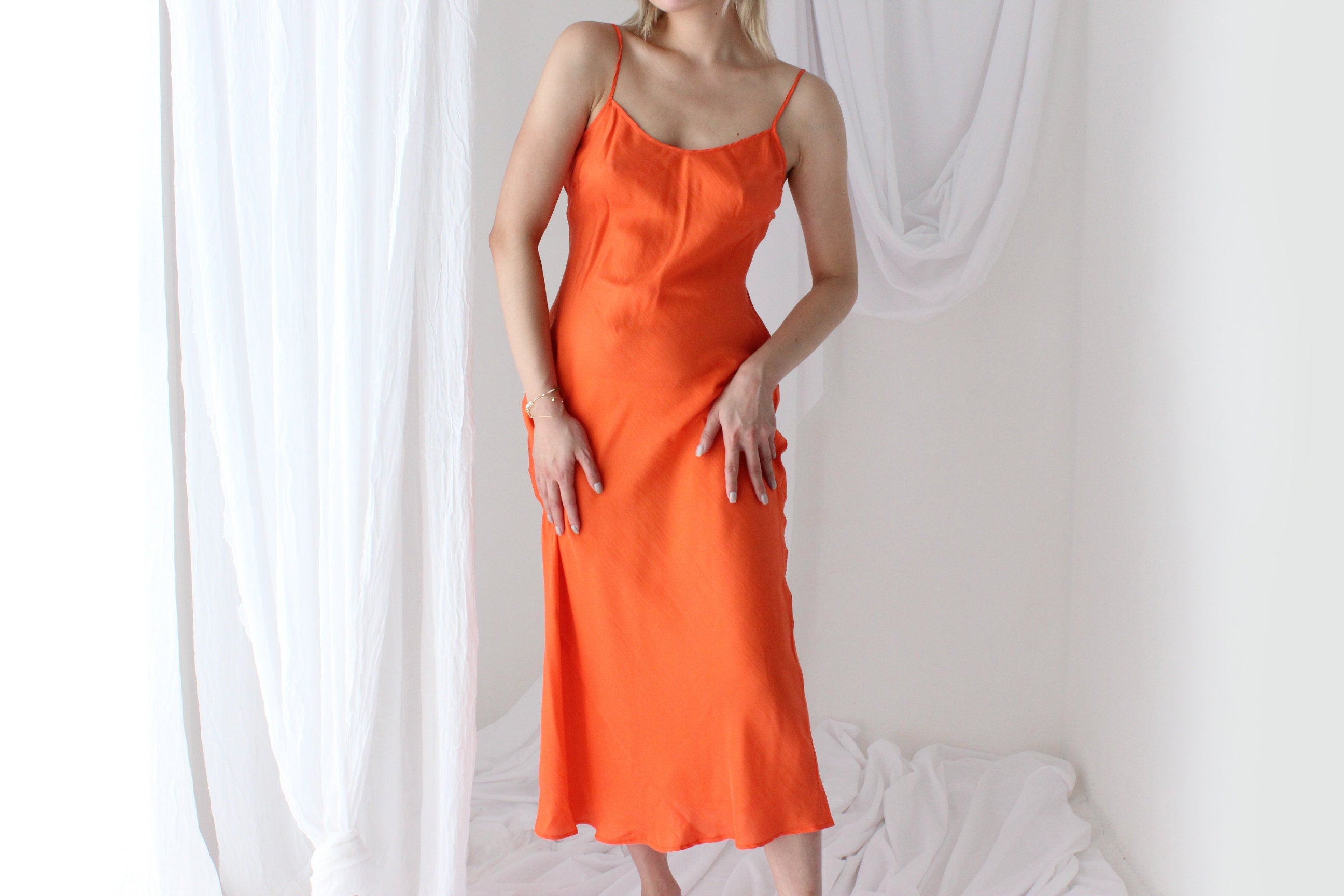 90s Pure Silk Bias Cut Slip Dress in Tangerine
