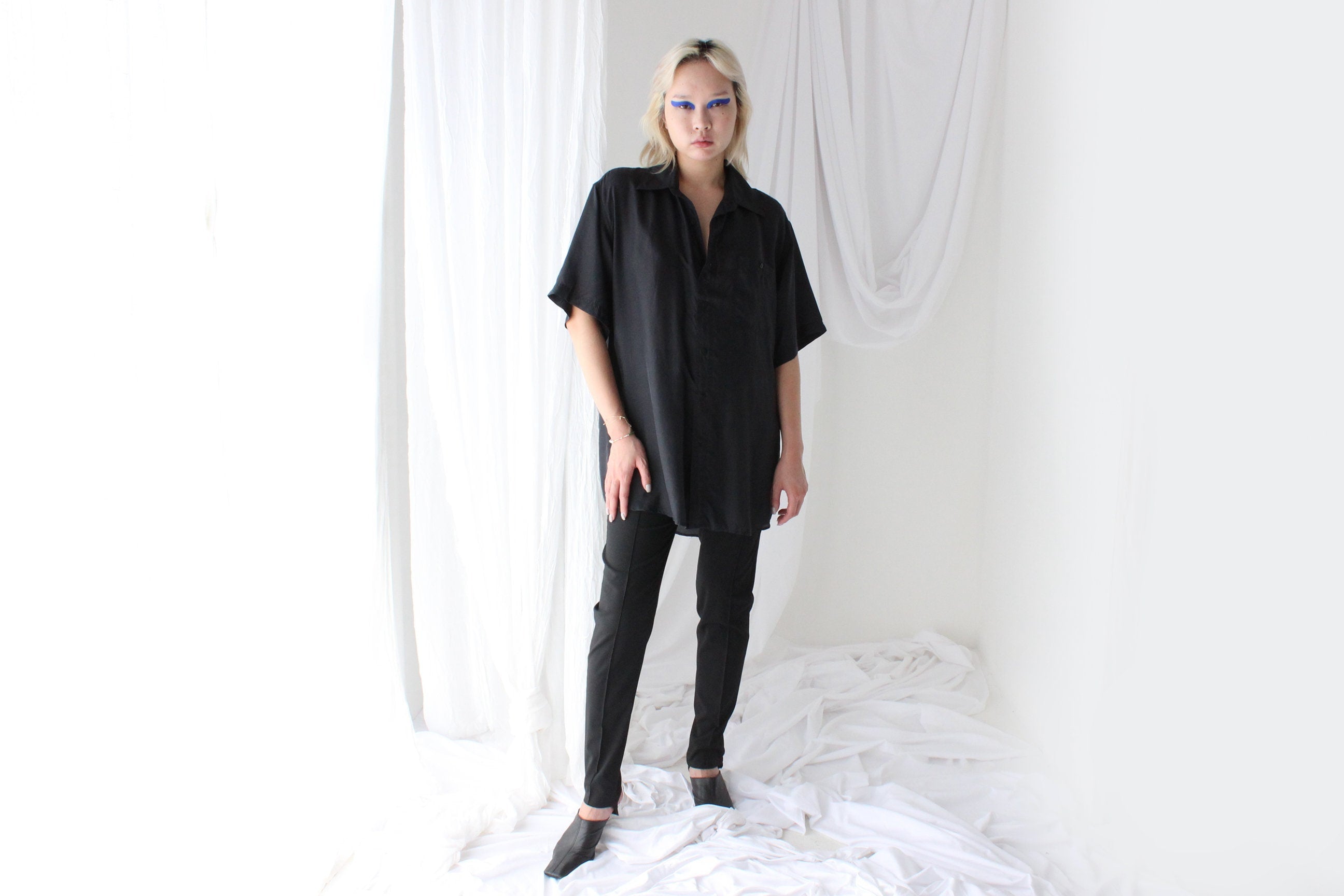 80s PURE SILK Ink Black Boxy Oversized Shirt