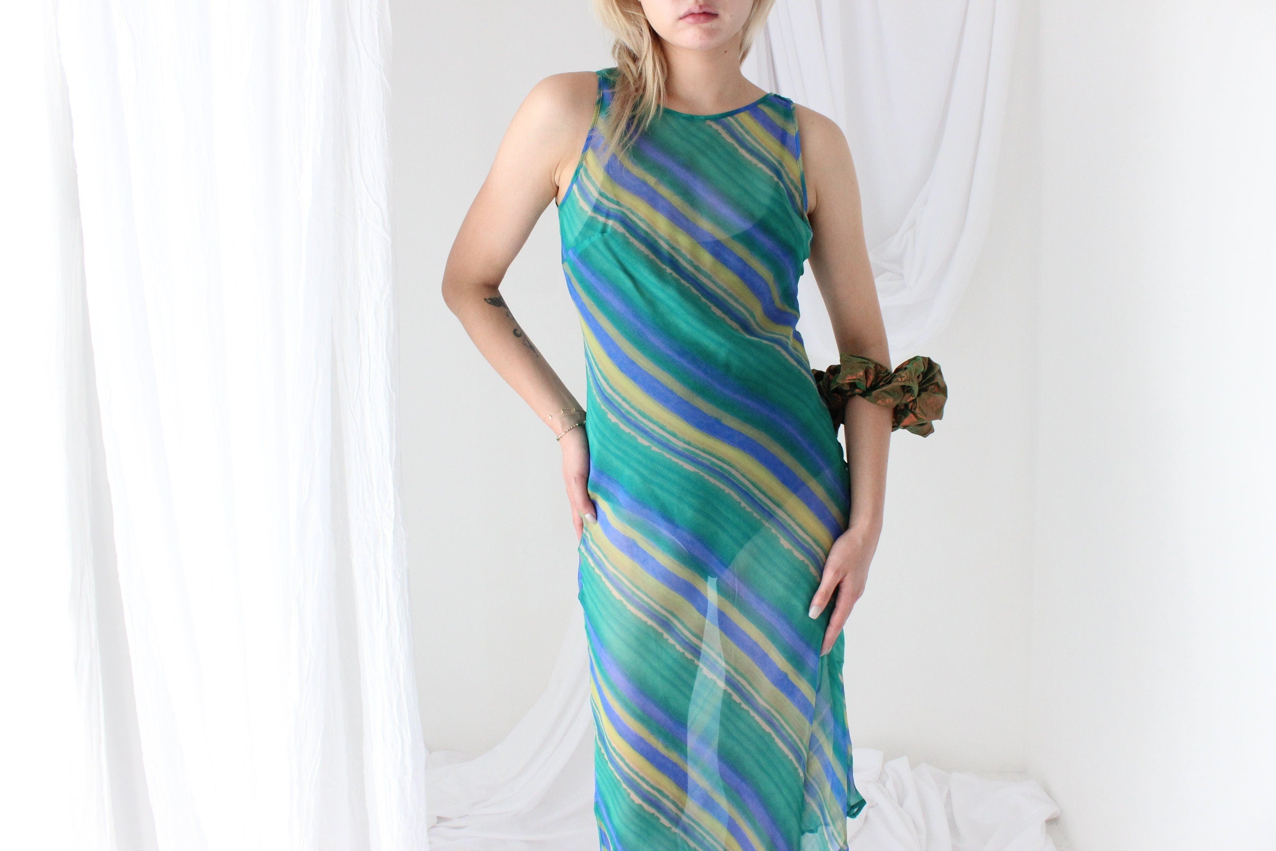 90s PURE SILK Stripe Print Bias Cut Dress