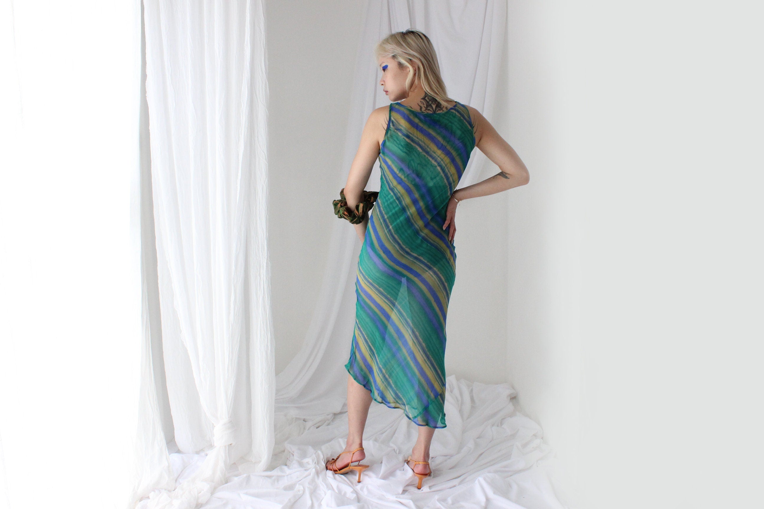 90s PURE SILK Stripe Print Bias Cut Dress