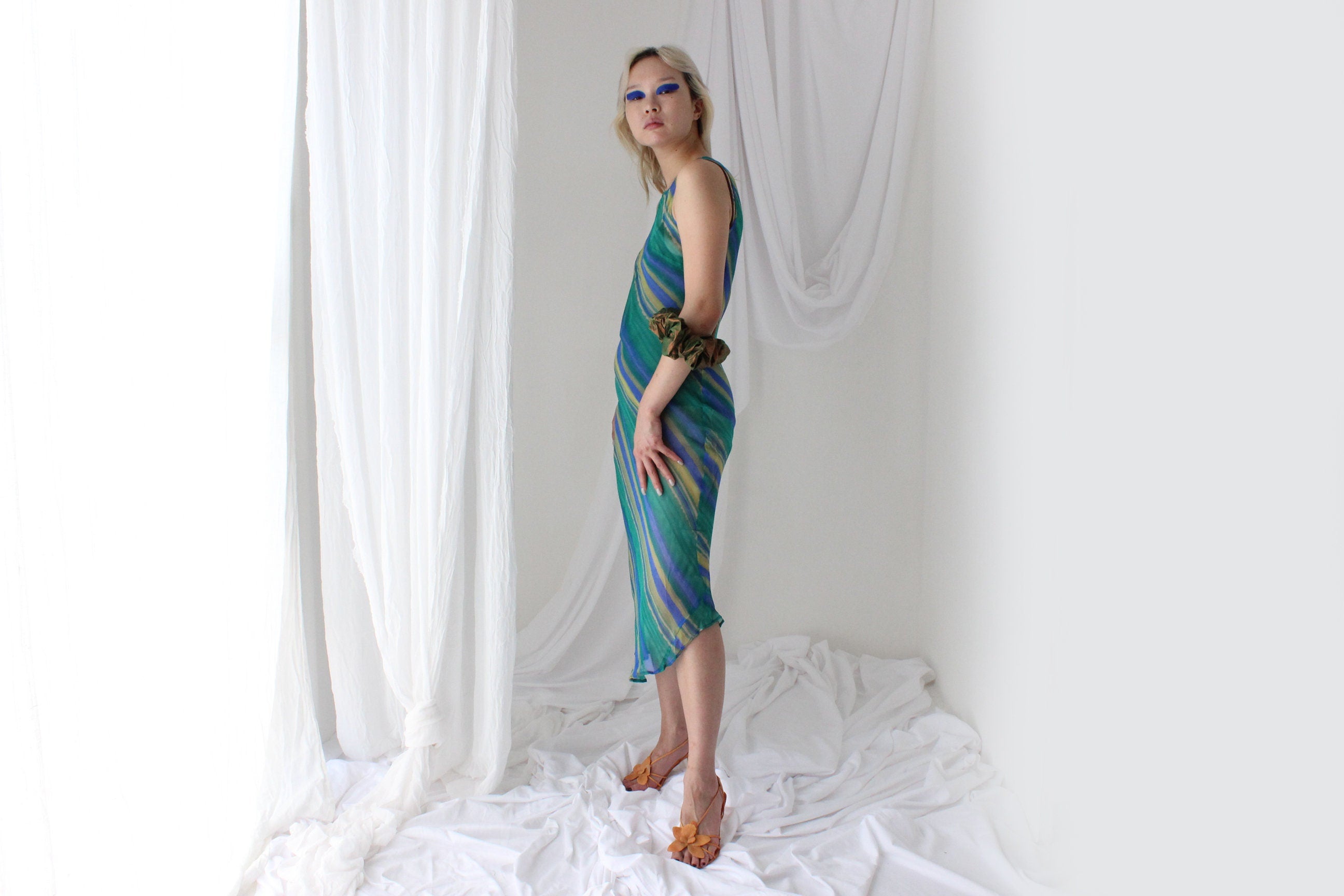 90s PURE SILK Stripe Print Bias Cut Dress