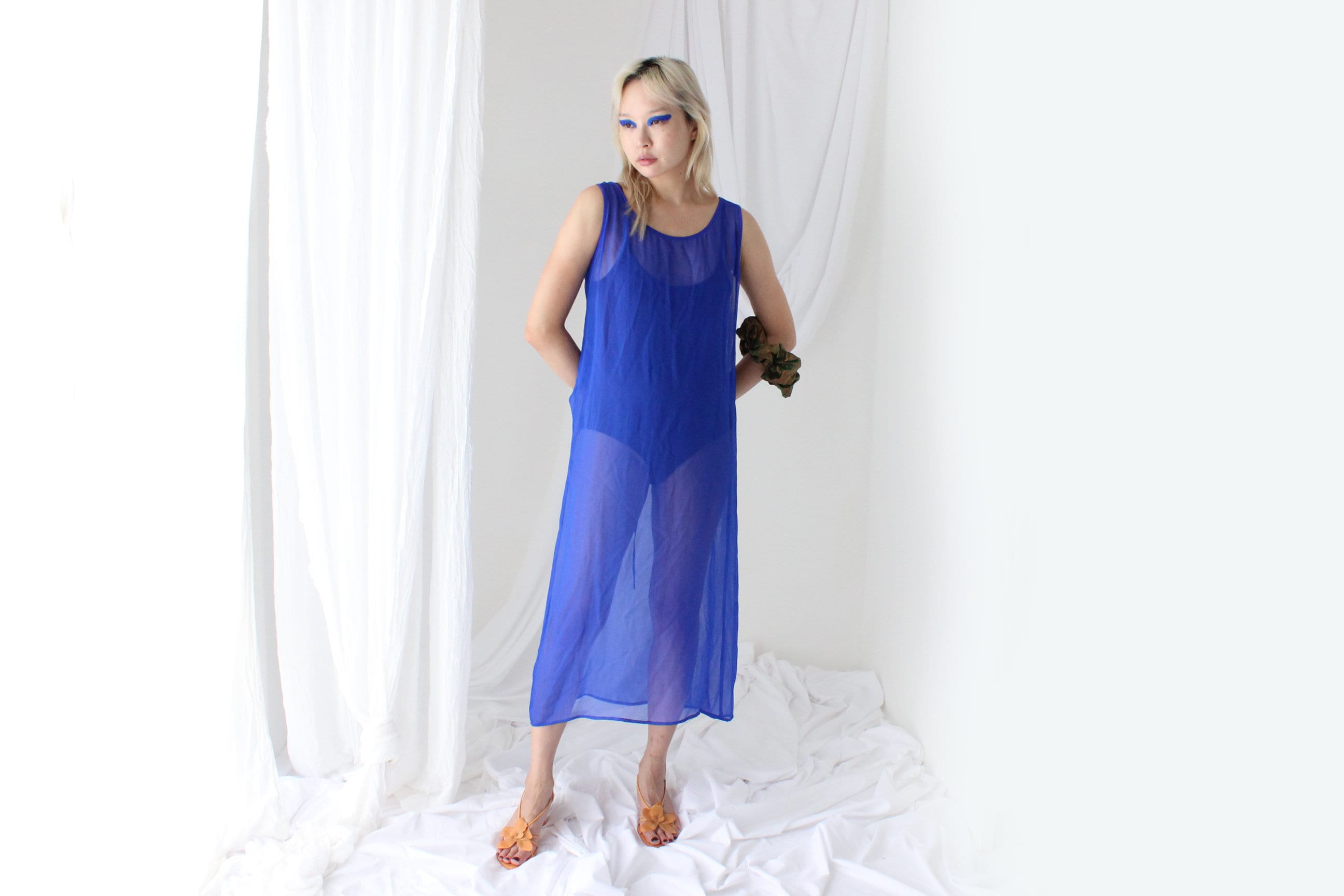 90s PURE SILK Sheer Yves Klein Cobalt Blue Sheath Dress