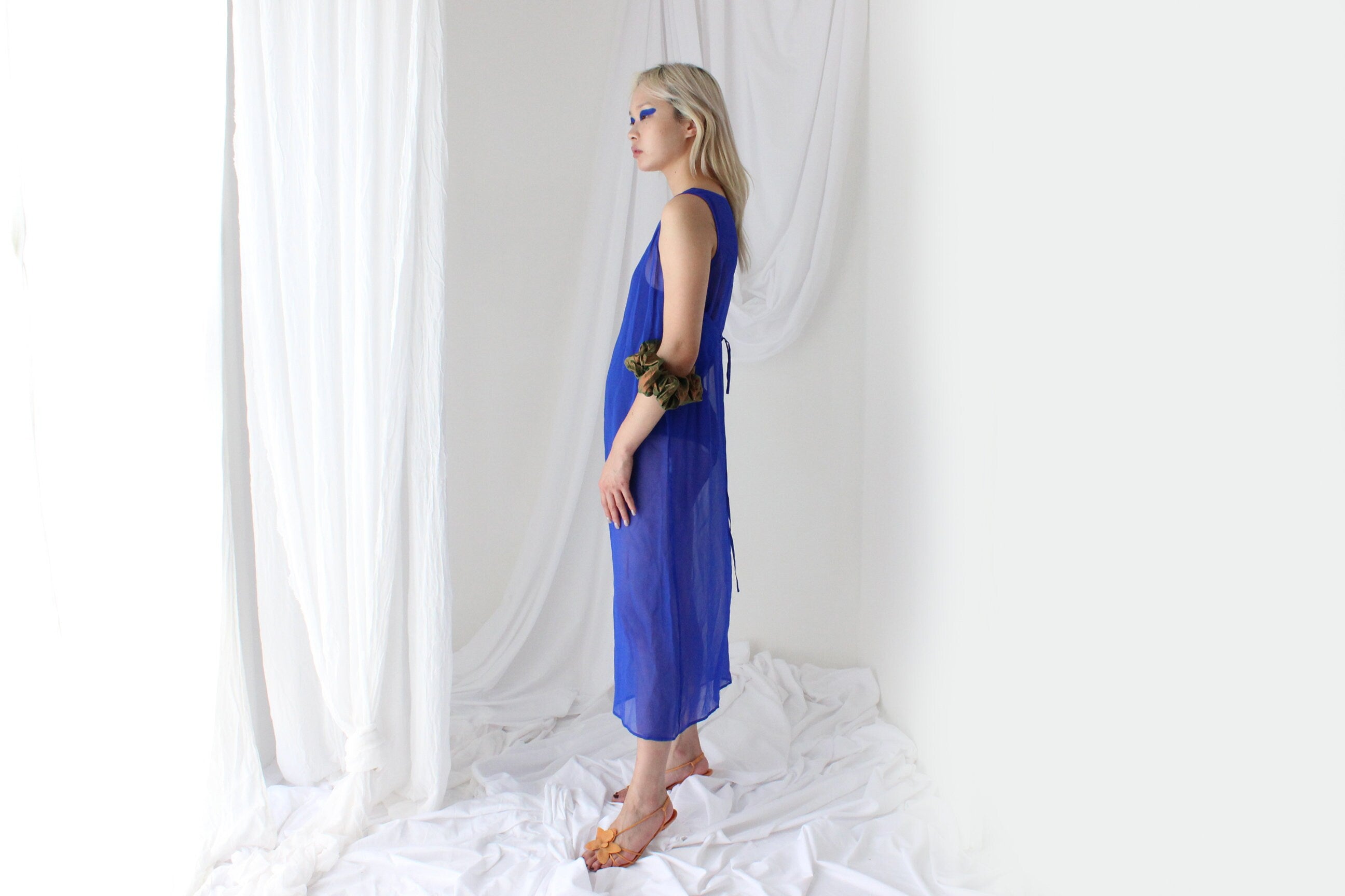 90s PURE SILK Sheer Yves Klein Cobalt Blue Sheath Dress