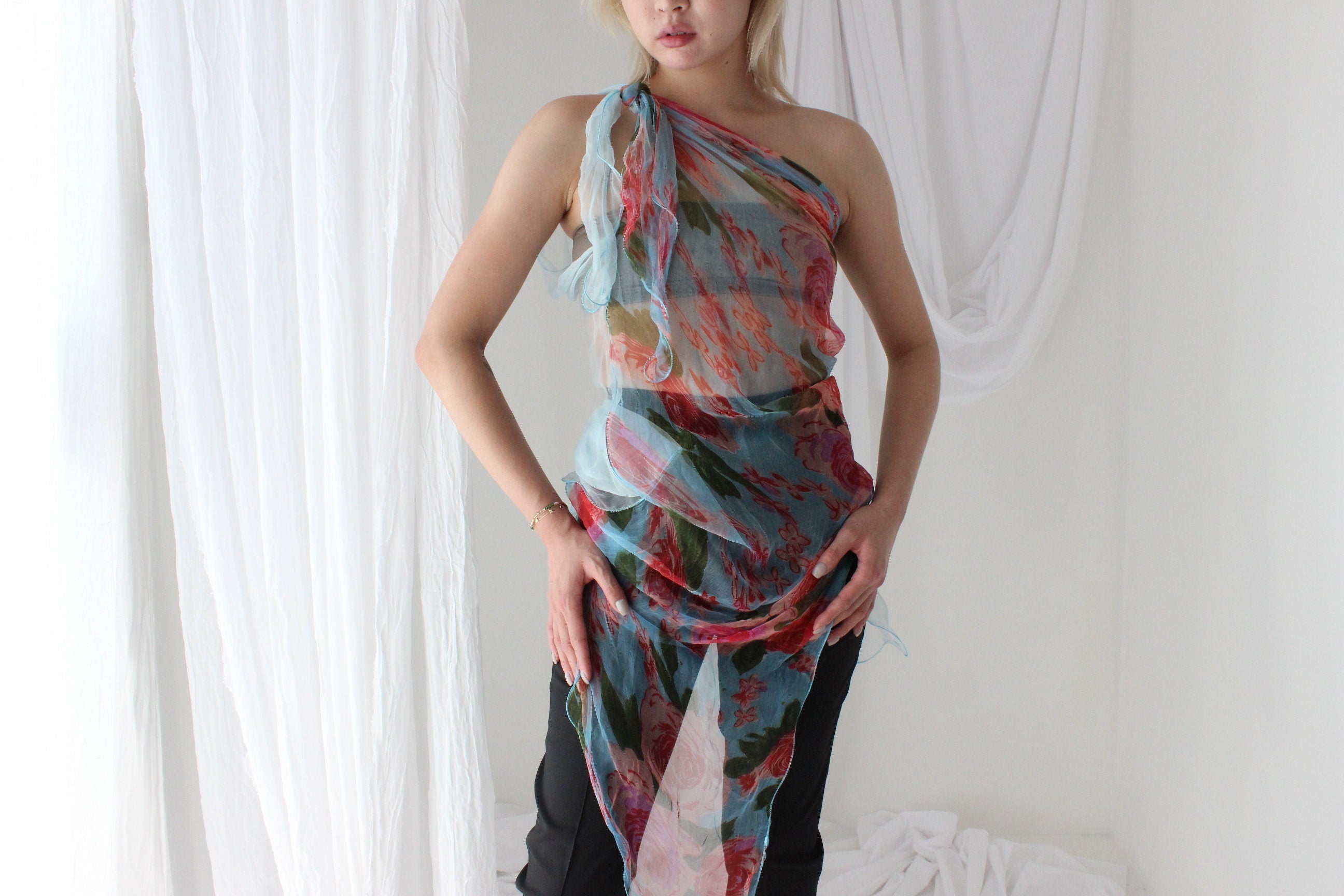 Y2K Pure Silk Chiffon Experimental Curly Hem Scarf Top