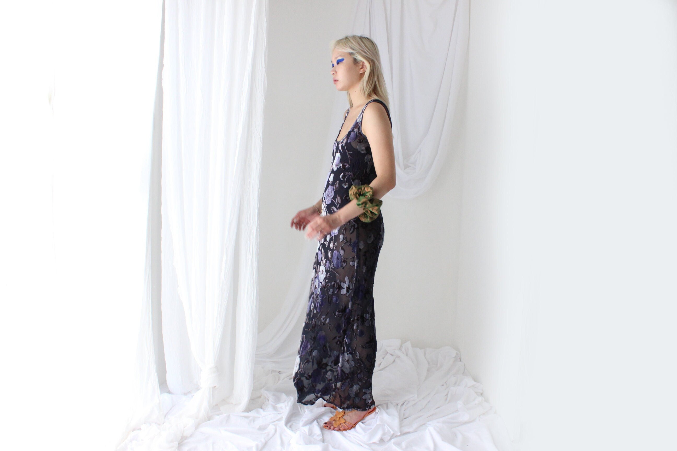 90s PURE SILK VELVET Floral Burnout Bias Cut Gown