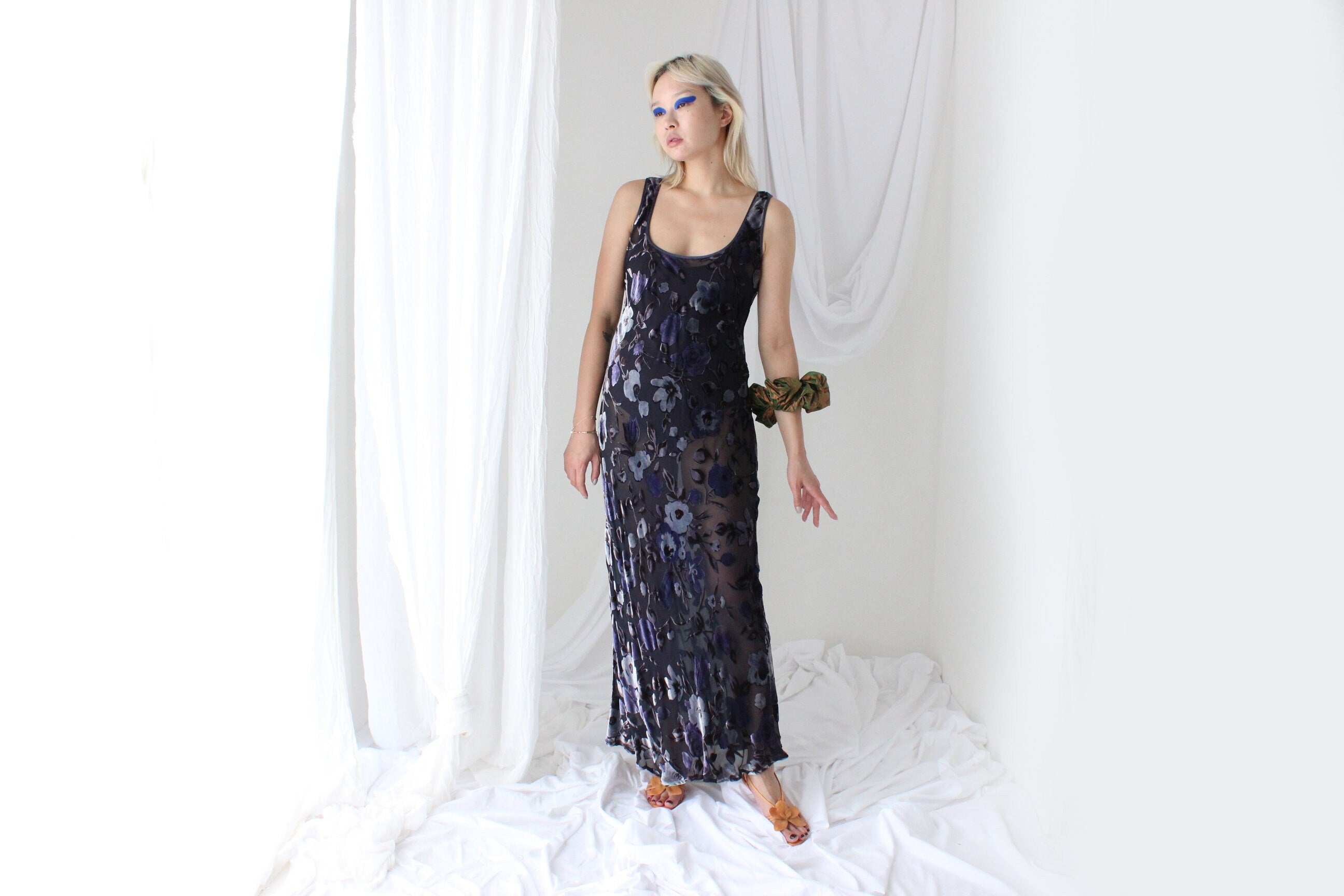 90s PURE SILK VELVET Floral Burnout Bias Cut Gown