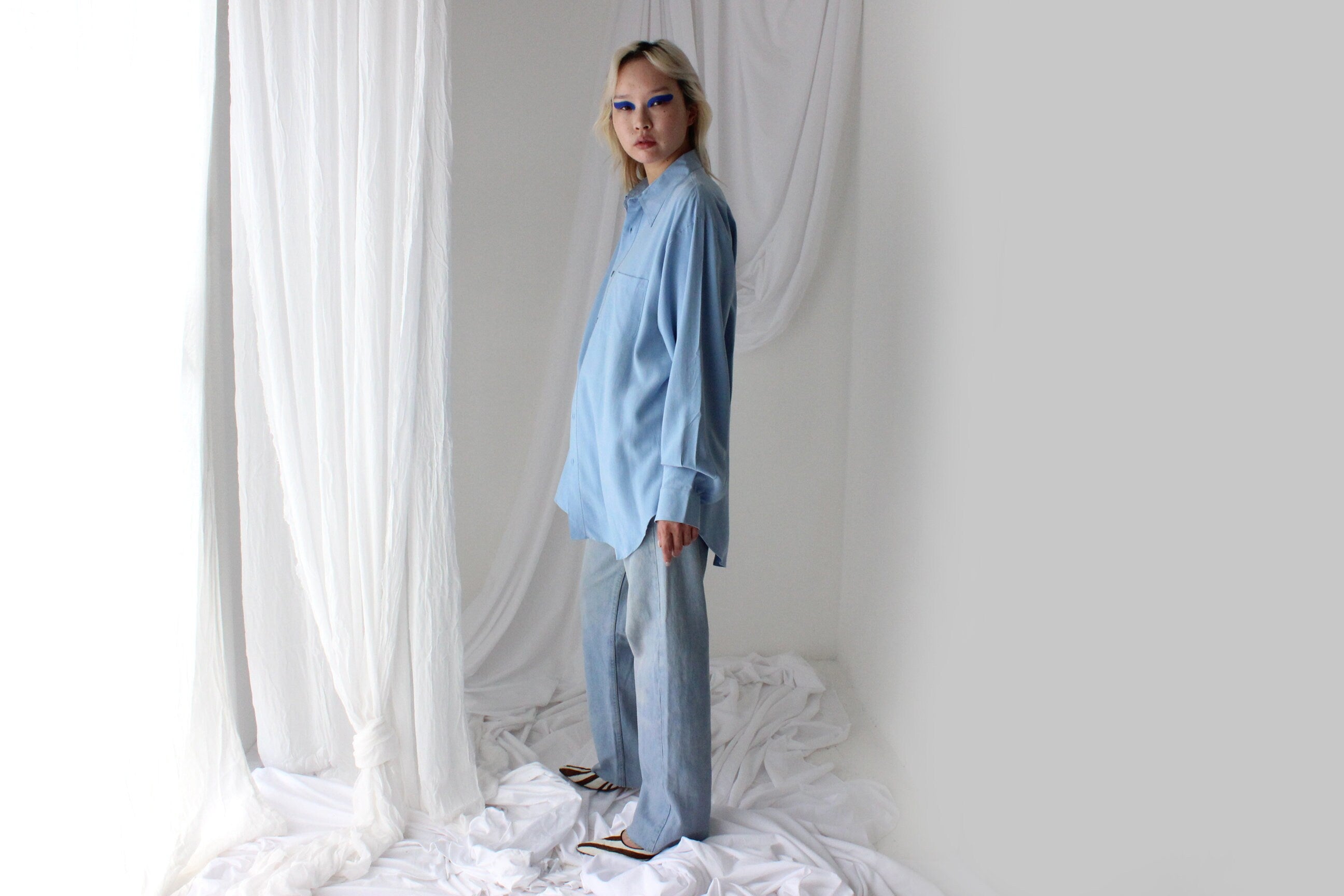 Heavenly 90s Pure Fuji Silk Sky Blue Oversized Shirt