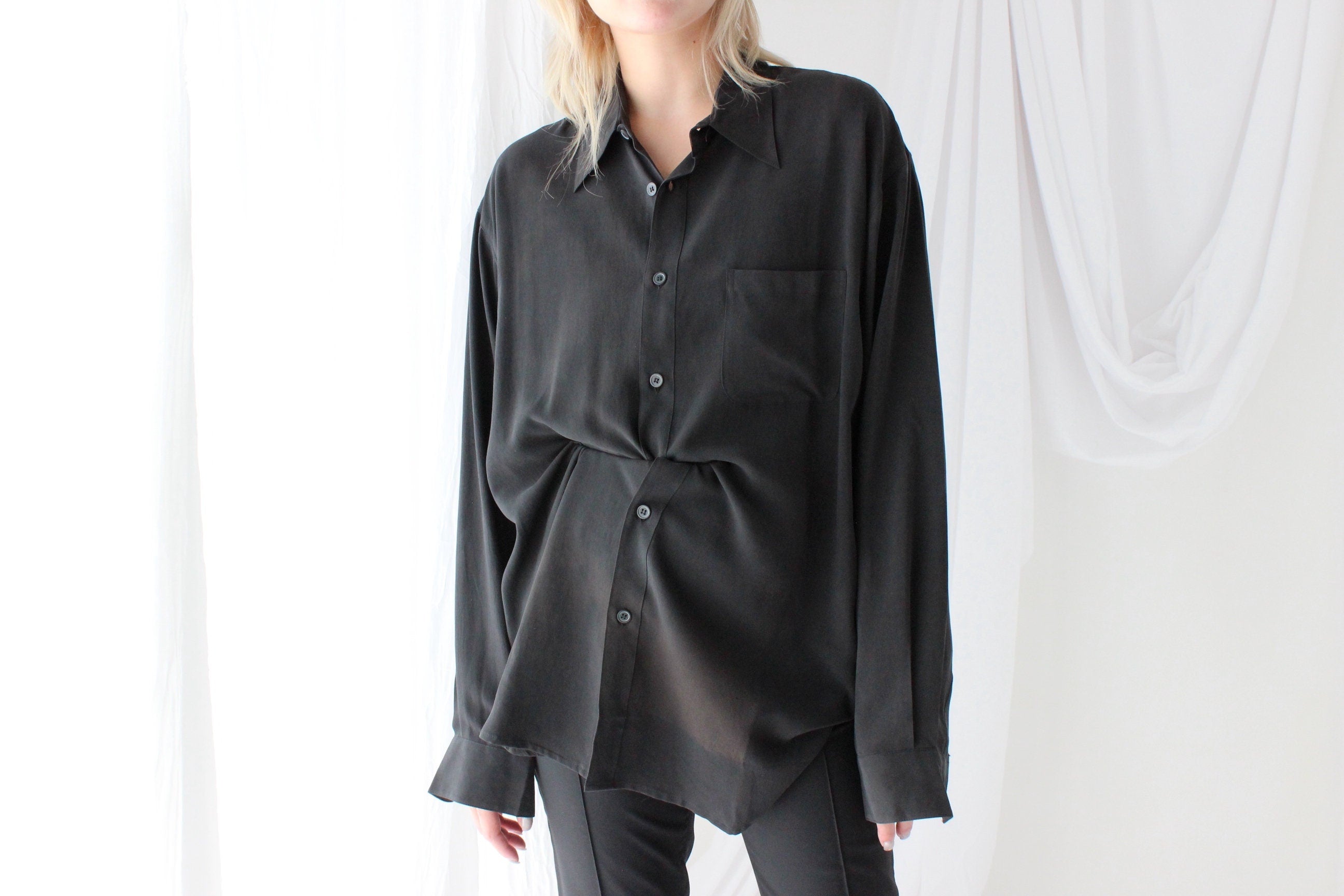 Heavenly 90s Pure Fuji Silk Black Oversized Shirt