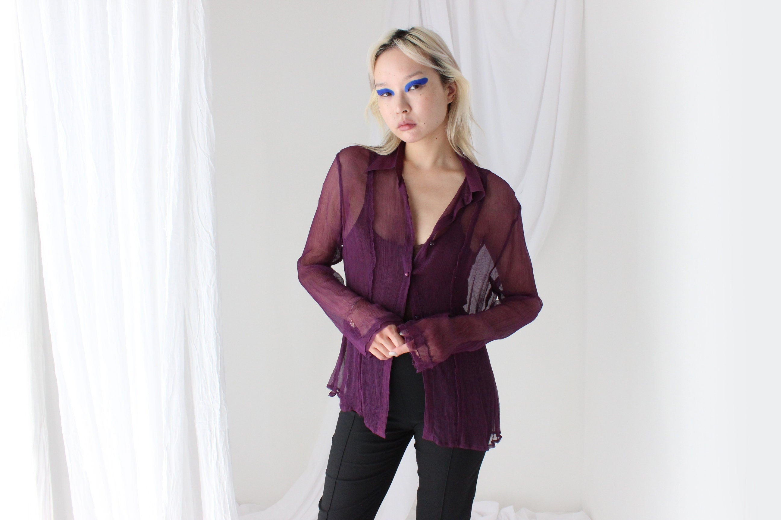 Sexy 90s Sheer Crinkle Silk Georgette Blouse
