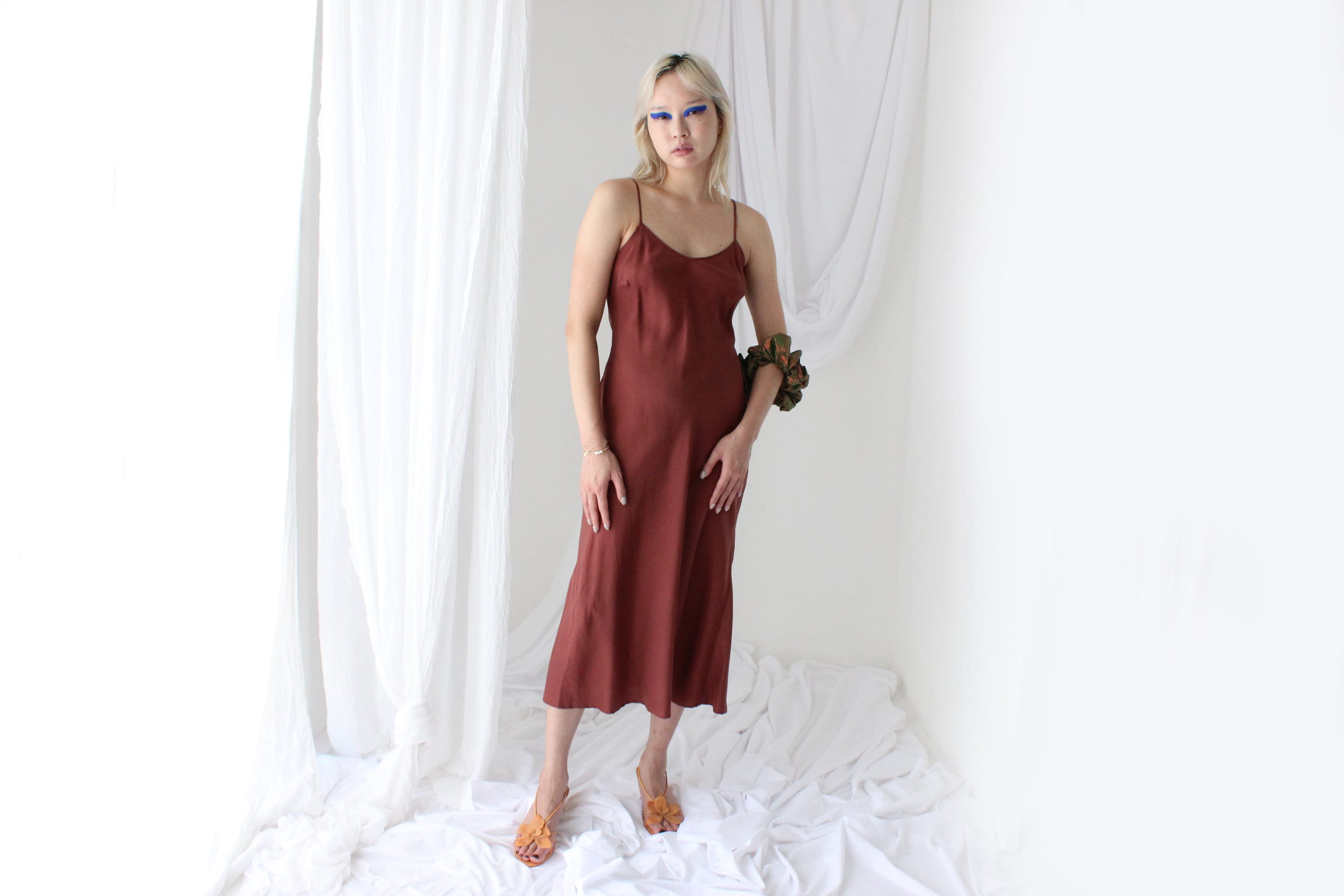 90s Pure Silk Bias Cut Slip Dress in Mocha