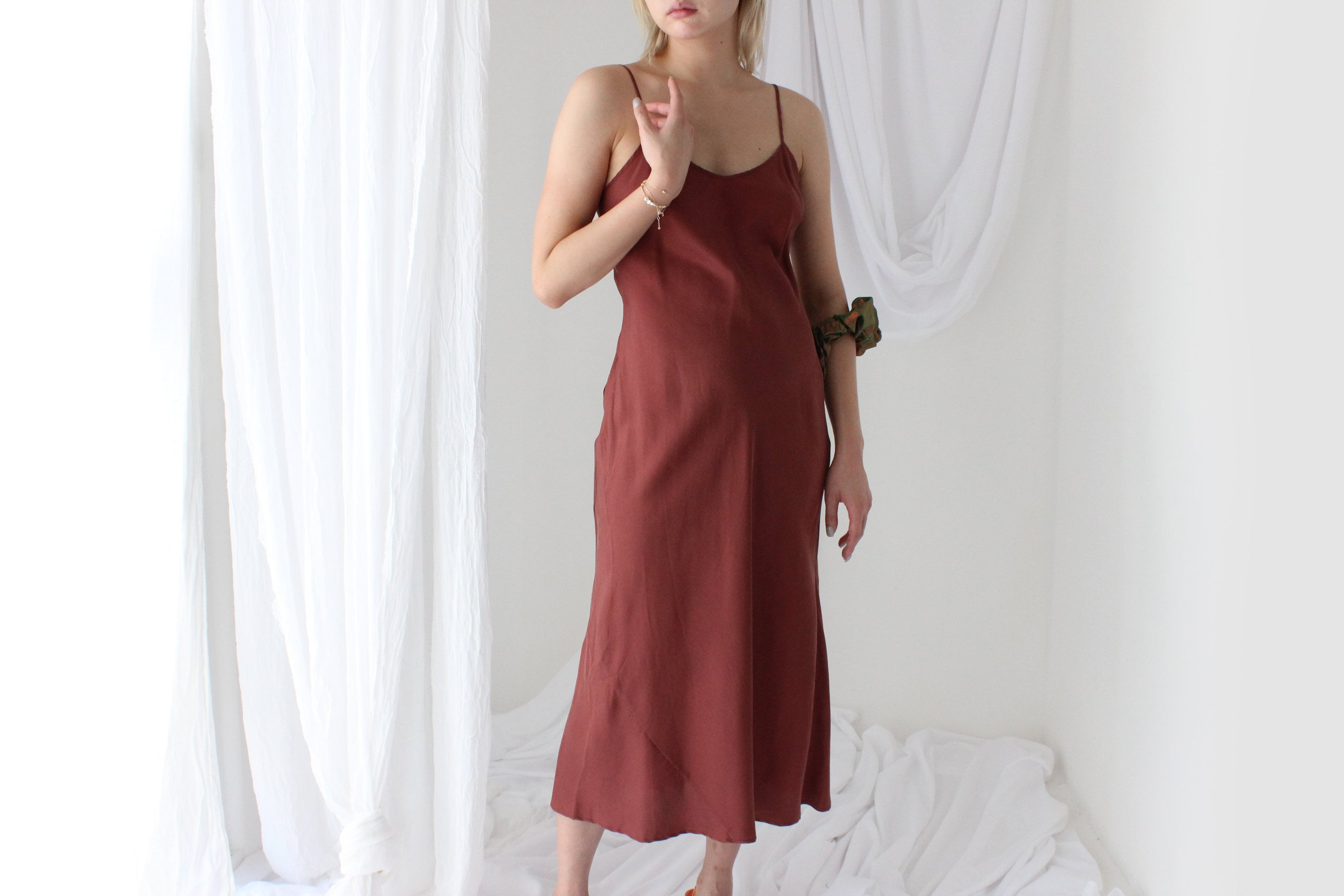 90s Pure Silk Bias Cut Slip Dress in Mocha