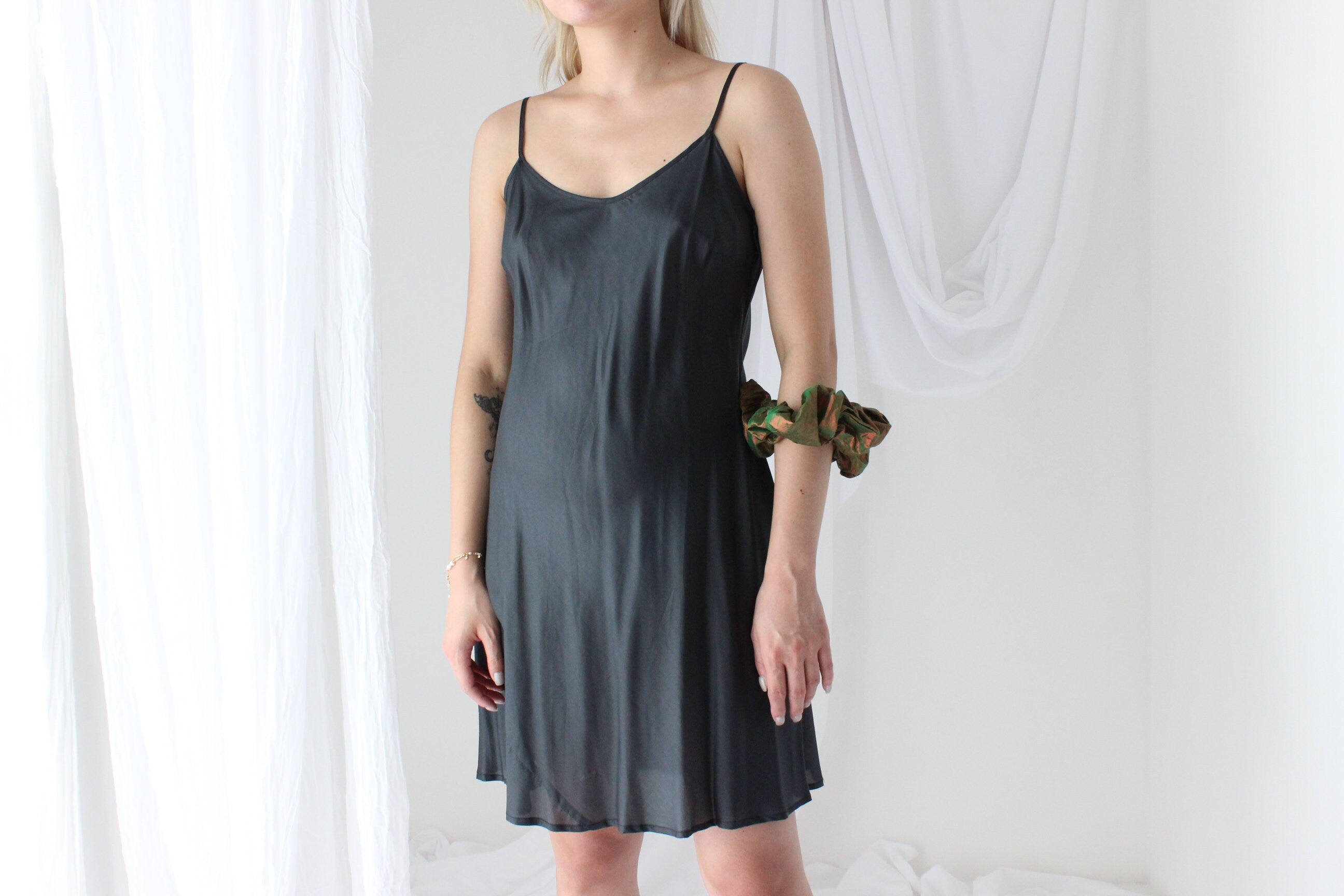 90s Pure Silk Bias Cut Slate Grey Mini Slip