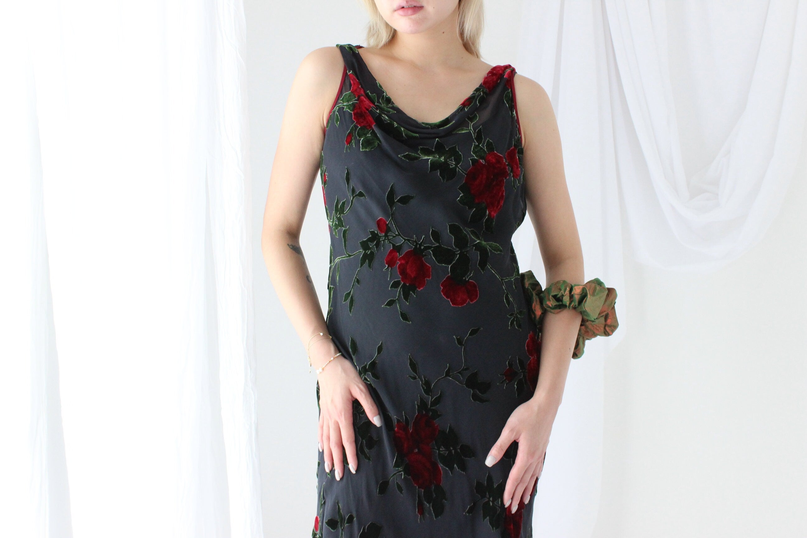 90s PURE SILK VELVET Red Rose Gothic Cocktail Dress
