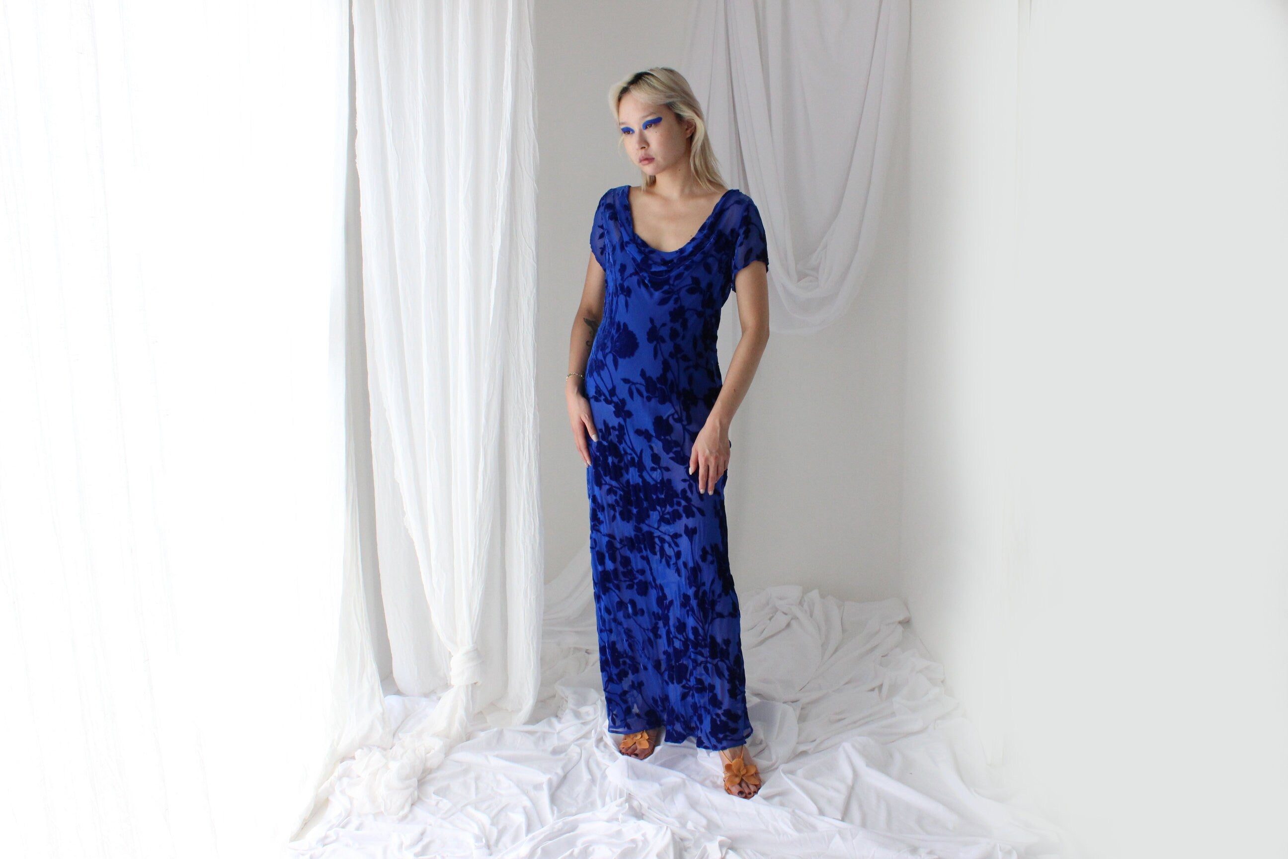 90s PURE SILK VELVET Cobalt Blue Floral Burnout Bias Cut Gown