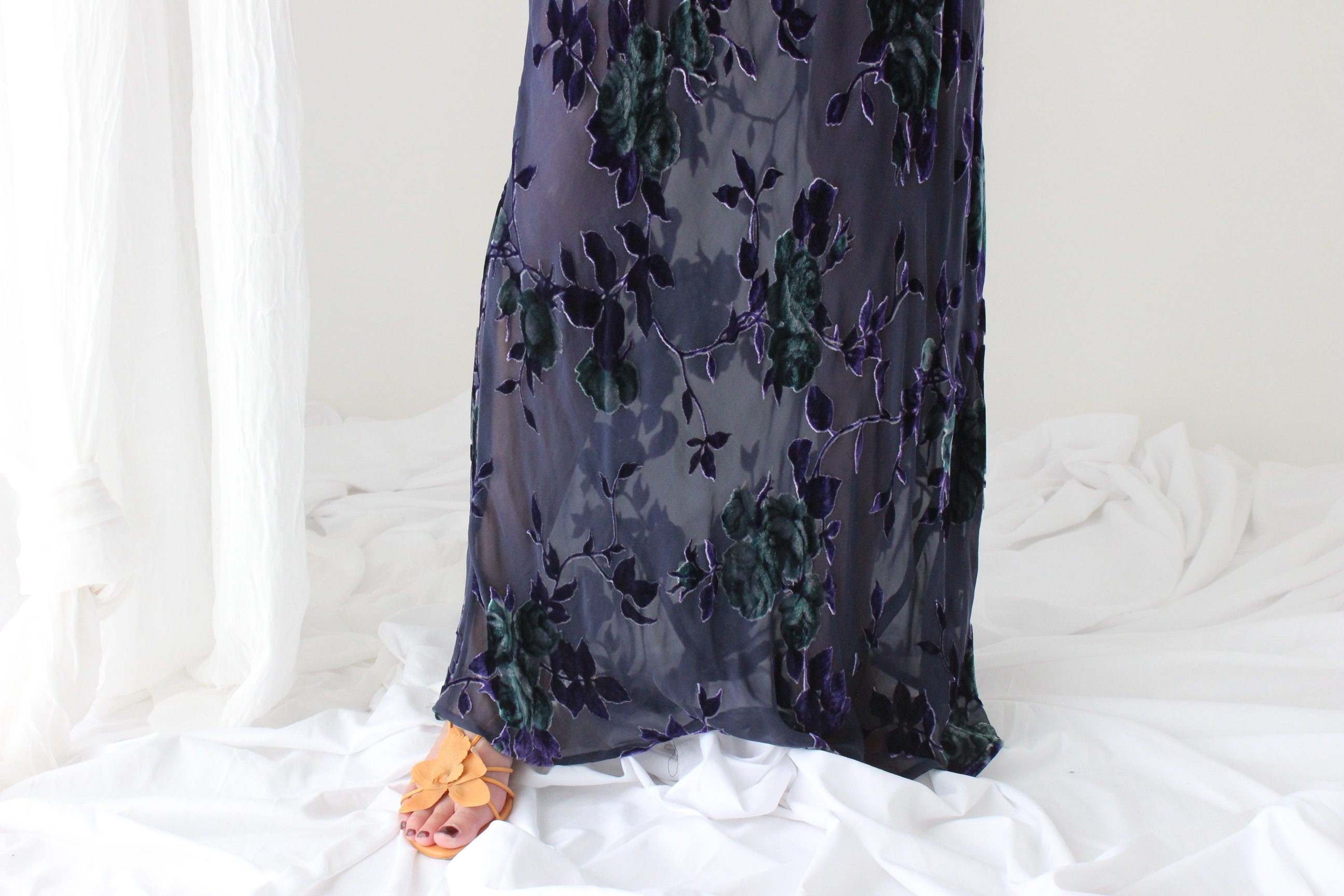 90s PURE SILK VELVET Floral Burnout Bias Cut Cowl Neck Gown
