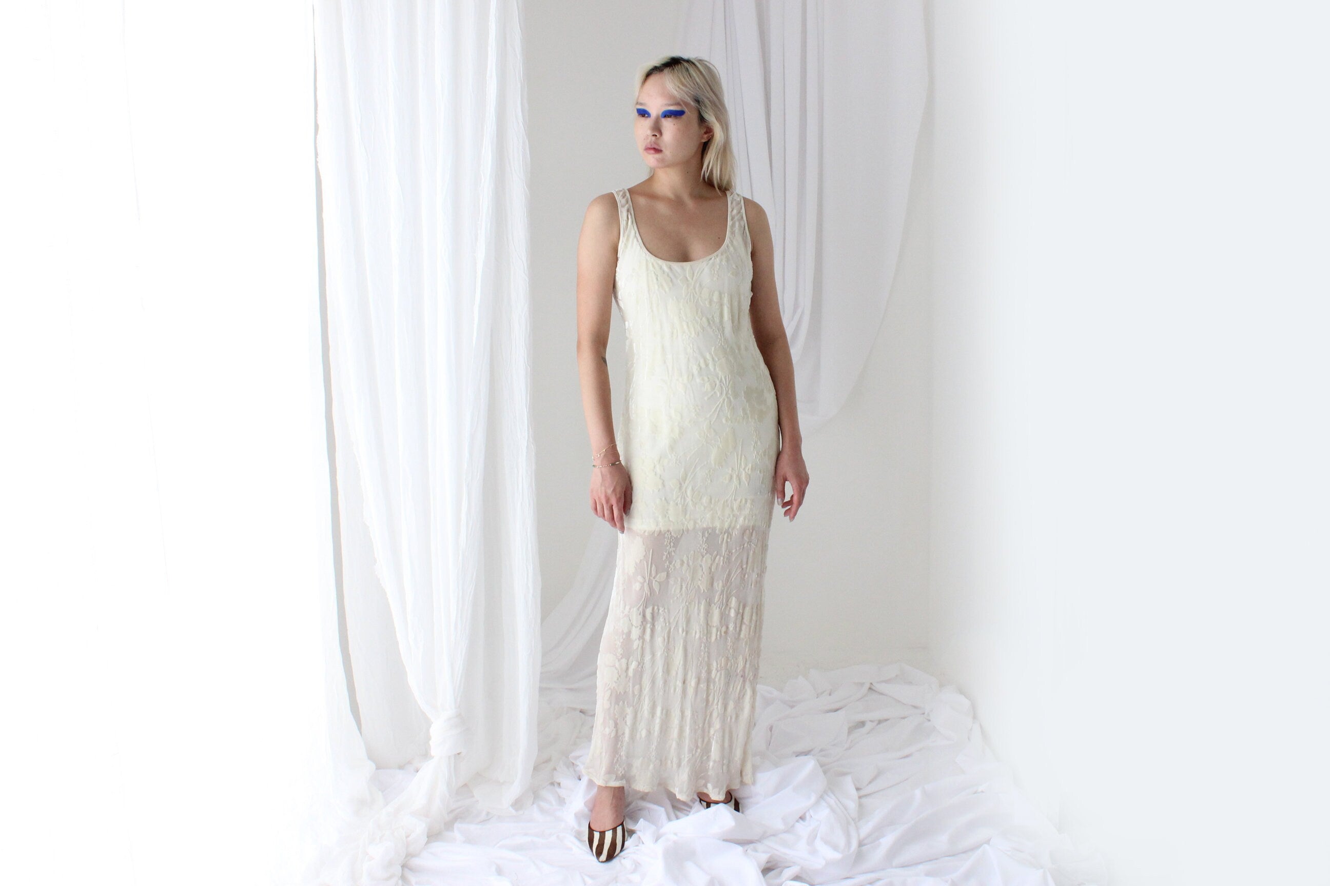 90s PURE SILK VELVET Cream Floral Burnout Bias Cut Gown